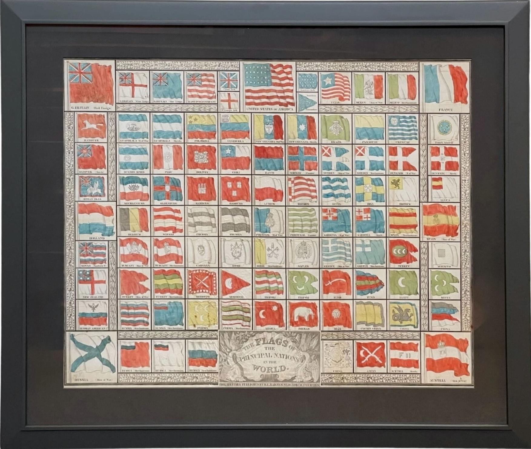 Presented is an early 1837 hand-colored engraving of “The Flags of the Principal Nations of the World.” This print was engraved and published by Rufus L. Barnes in Philadelphia. The chart features 98 flags associated with countries in Europe, Asia,
