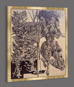 Flaming Artist, Mannerist Erotic Wood Marquetry Wall Panel with 24K Gold Leaf