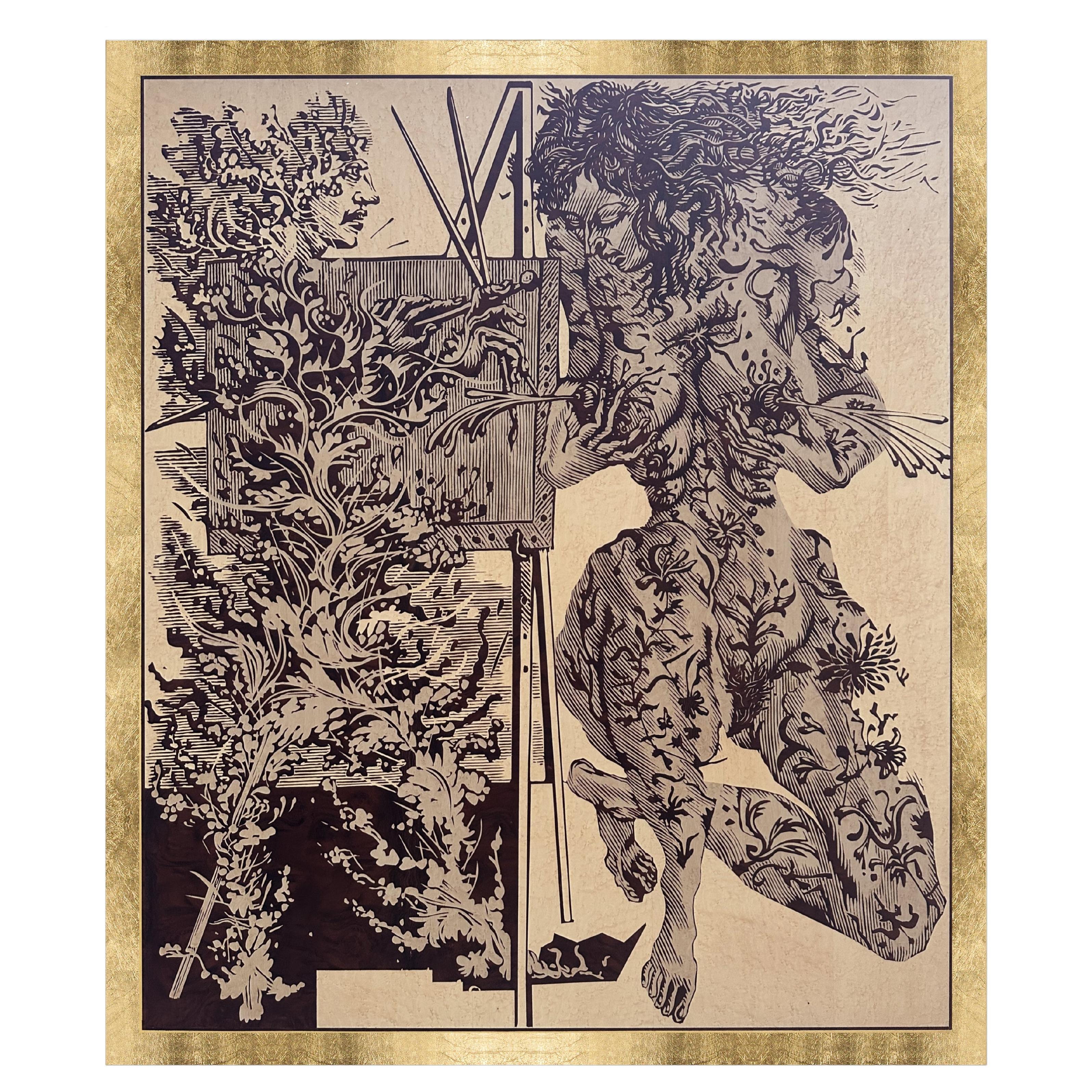 "The Flaming Artist" Marqueterie de bois Décoration murale contemporaine en vente
