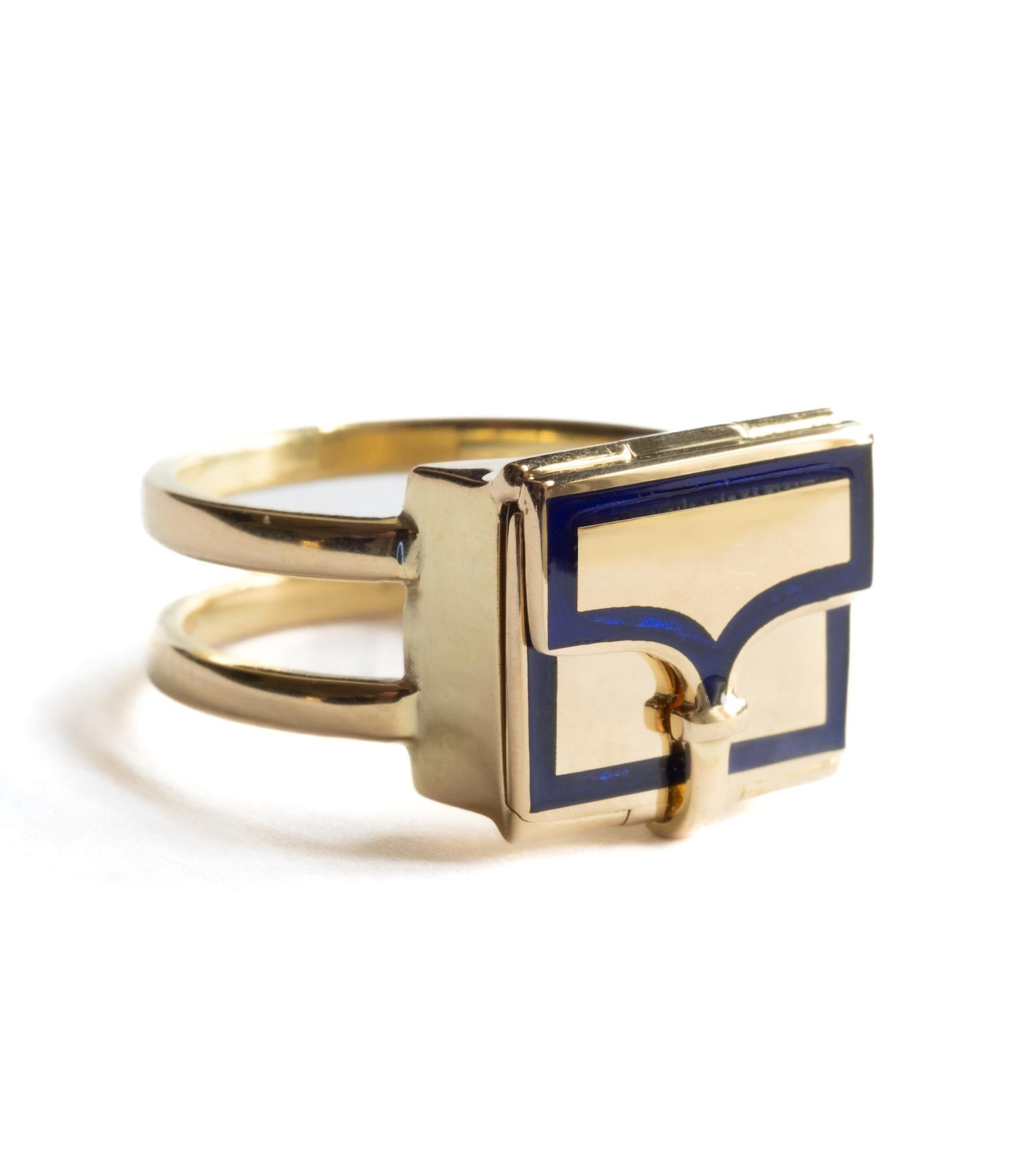 Crafted in 18ct yellow gold and vitreous enamel, the Fleur Fairfax Book Ring is inspired by a Georgian original opening booking ring circa 1830. 
The Georgians relied on motif jewels to speak volumes; the book symbolises wisdom and the power of