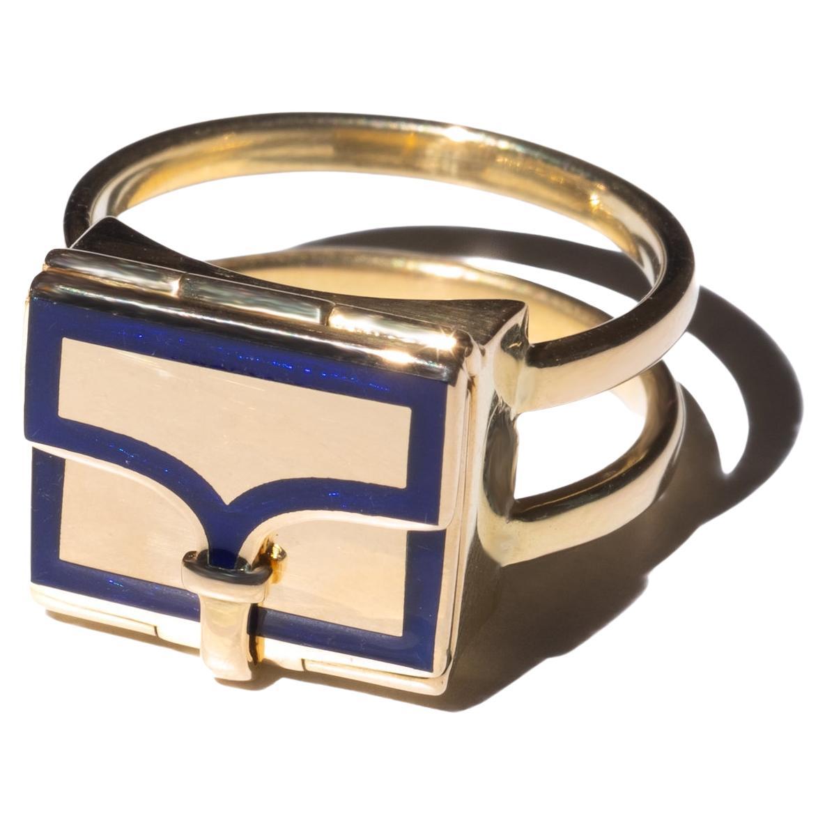 The Fleur Fairfax Book Ring in 18ct Gold and Enamel - Sapphire Blue US 7 For Sale