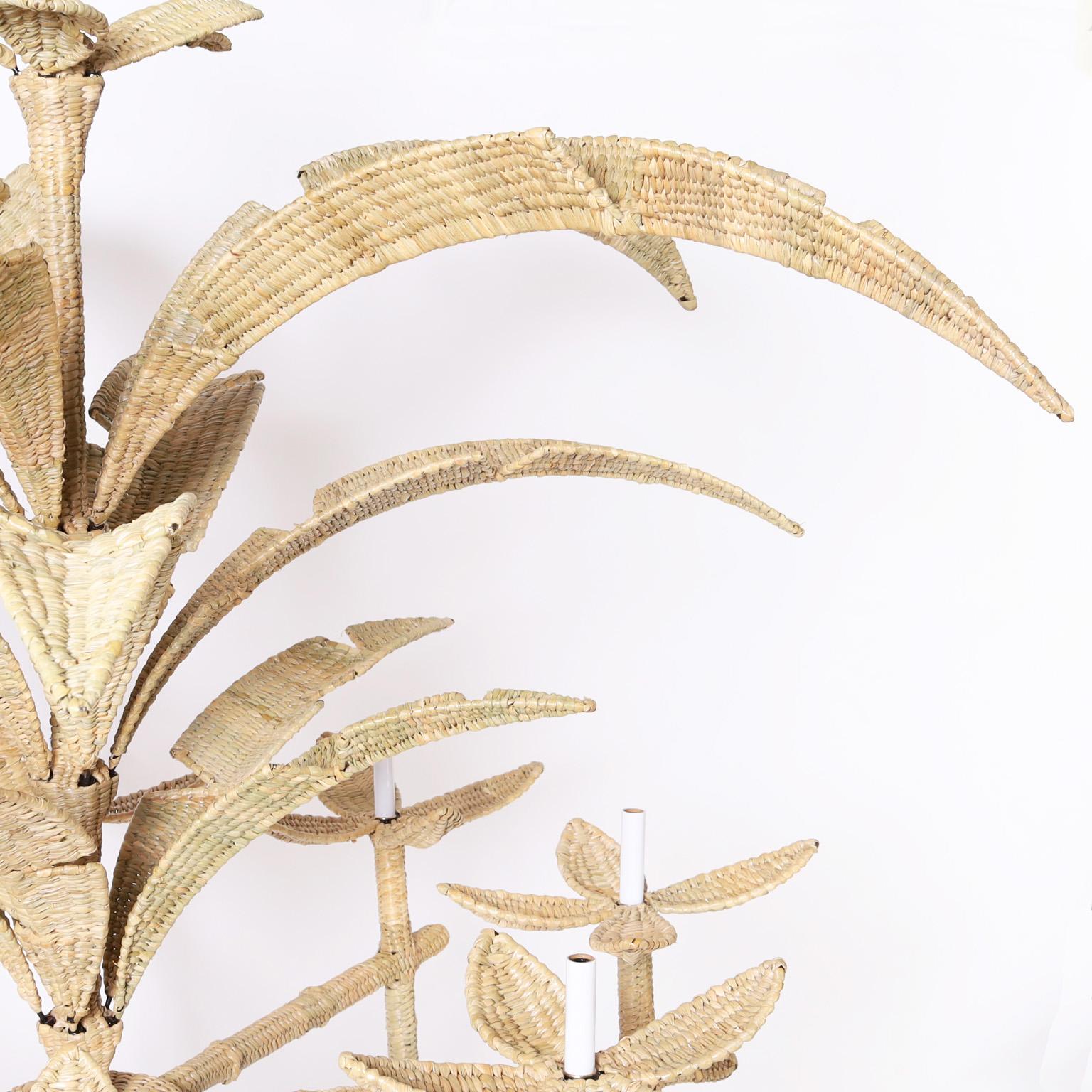 Mid-Century Modern Florencia Large Wicker Palm Leaf Chandelier from the FS Flores Collection For Sale