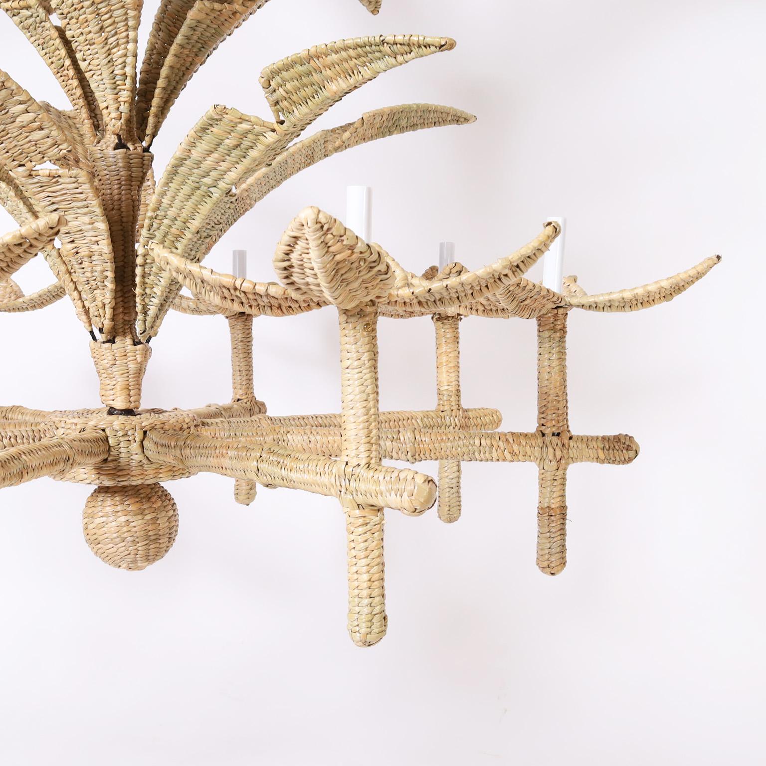 Hand-Crafted Florencia Large Wicker Palm Leaf Chandelier from the FS Flores Collection For Sale