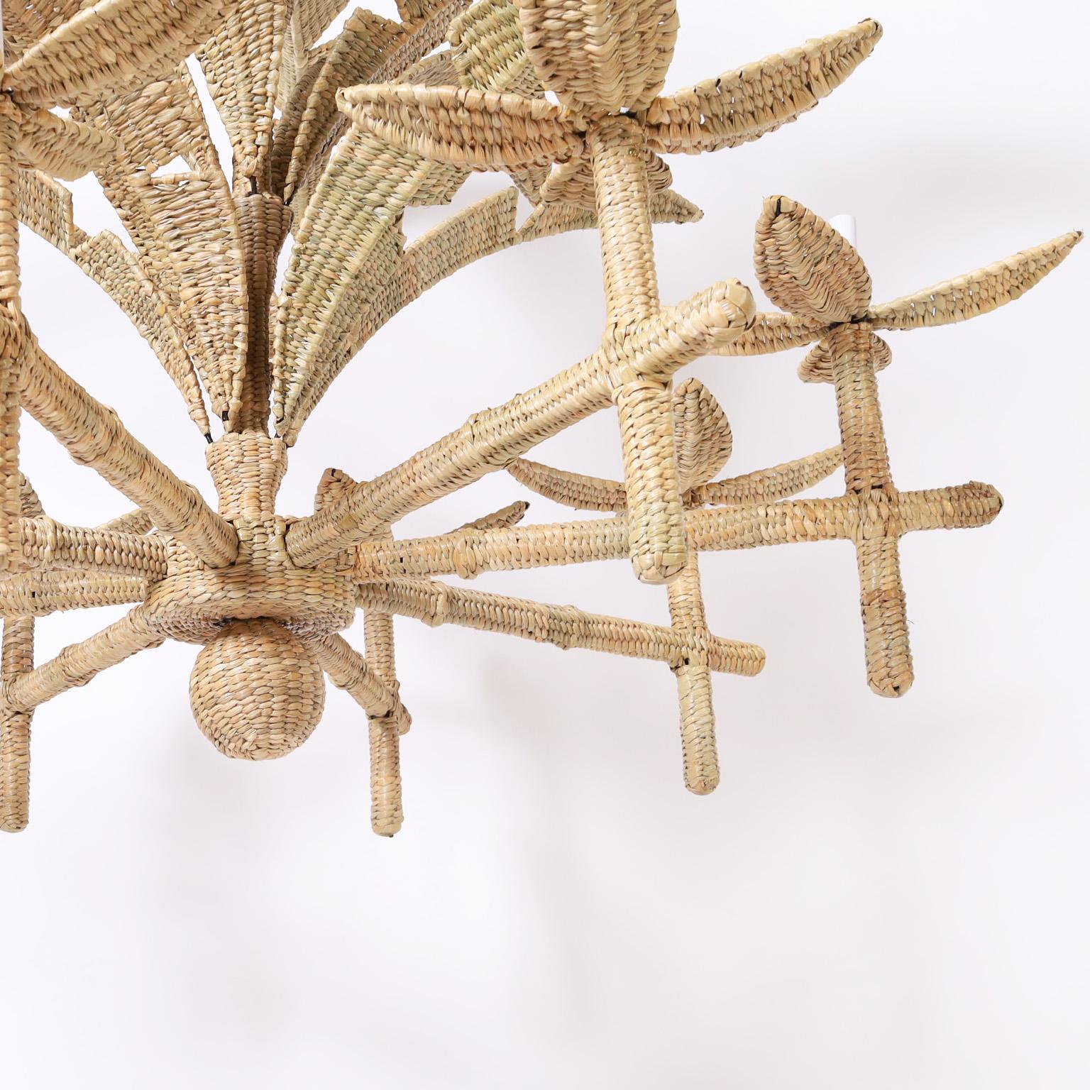 Florencia Large Wicker Palm Leaf Chandelier from the FS Flores Collection In Good Condition For Sale In Palm Beach, FL