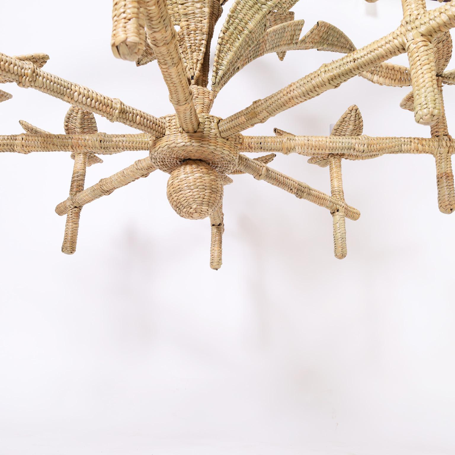Contemporary Florencia Large Wicker Palm Leaf Chandelier from the FS Flores Collection For Sale