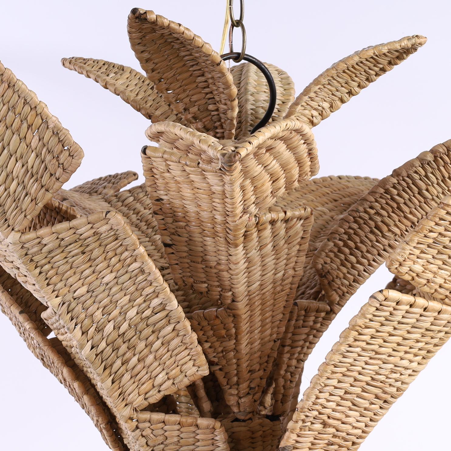 British Colonial The Florencia Pequeña Wicker Palm Tree Chandelier from the FS Flores Collection