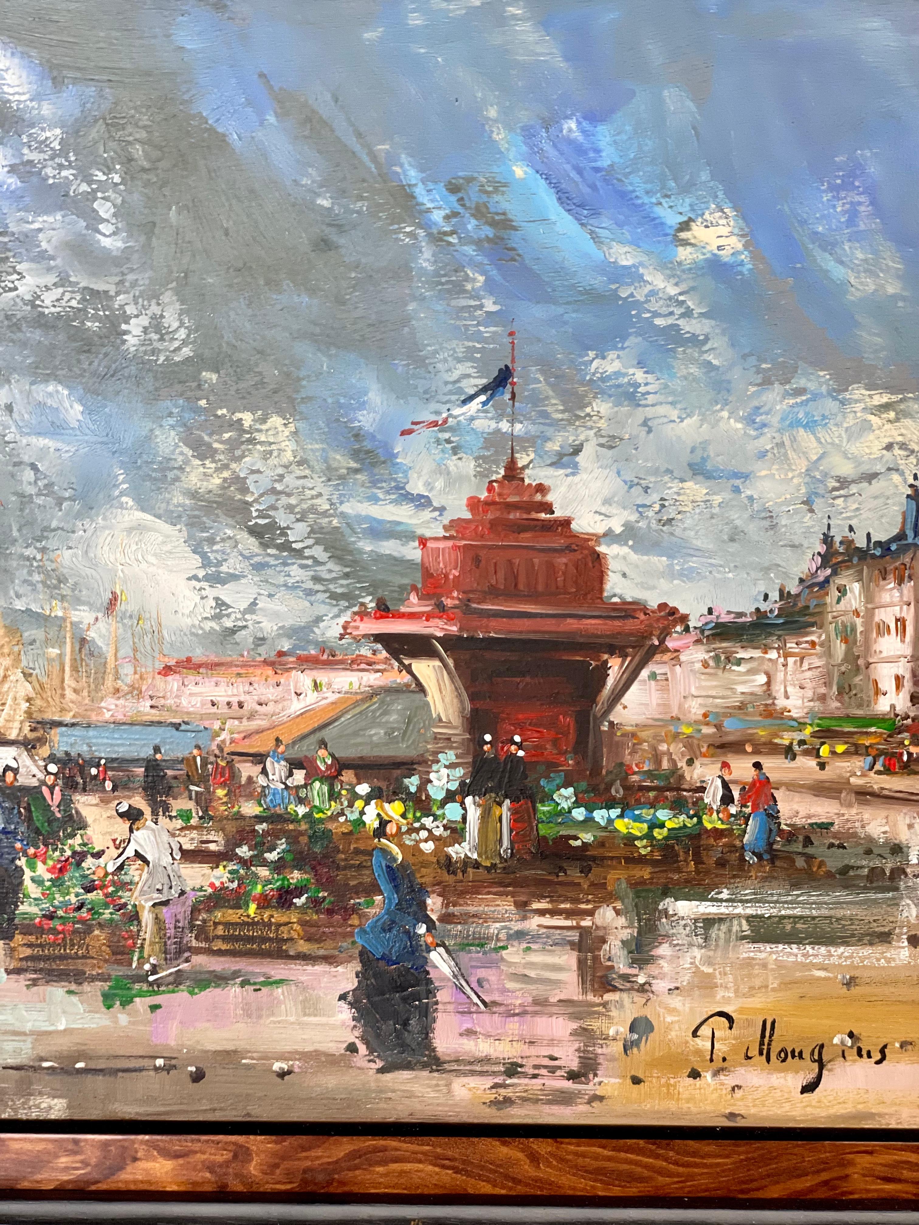 French Oil on Panel 'The Flower Market' by Pierre Mougins In Good Condition For Sale In LA CIOTAT, FR