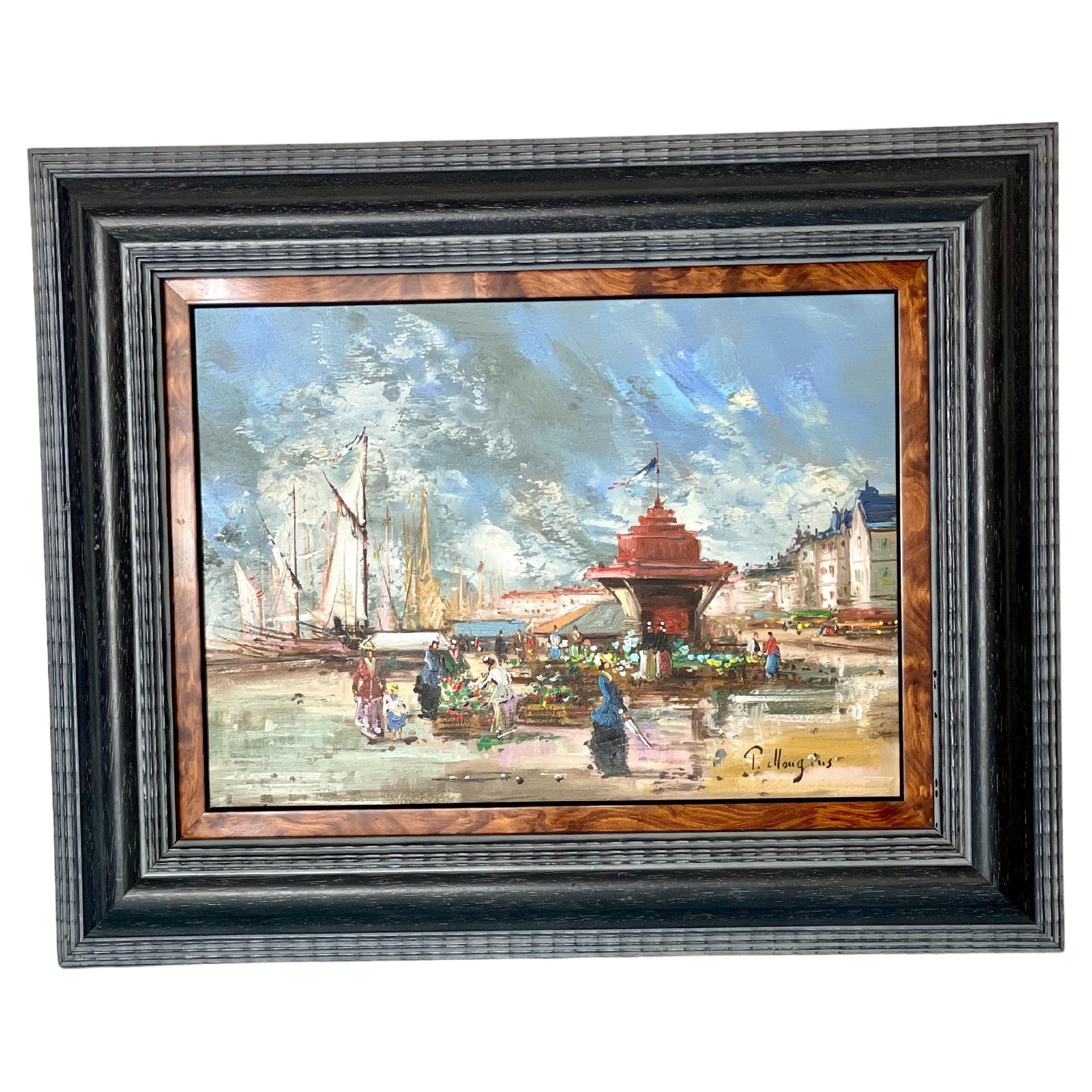 French Oil on Panel 'The Flower Market' by Pierre Mougins For Sale