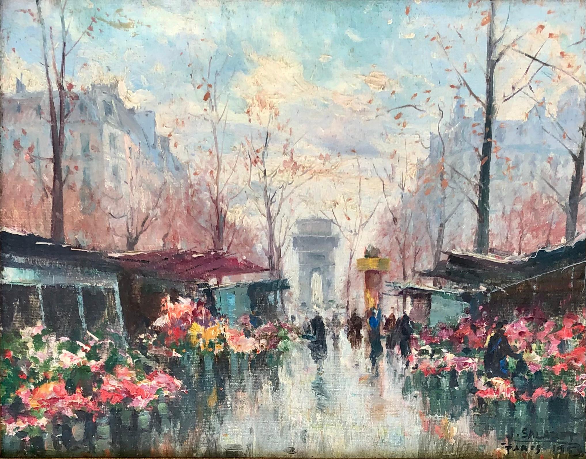 Oil on canvas, signed and dated 53' lower left.

Jean Salabet was a painter well know for his colorful Parisian cityscapes.
His work is from the same school or painter as Jules Herve, Antoine Blanchard, and Edouard Cortes.

This painting