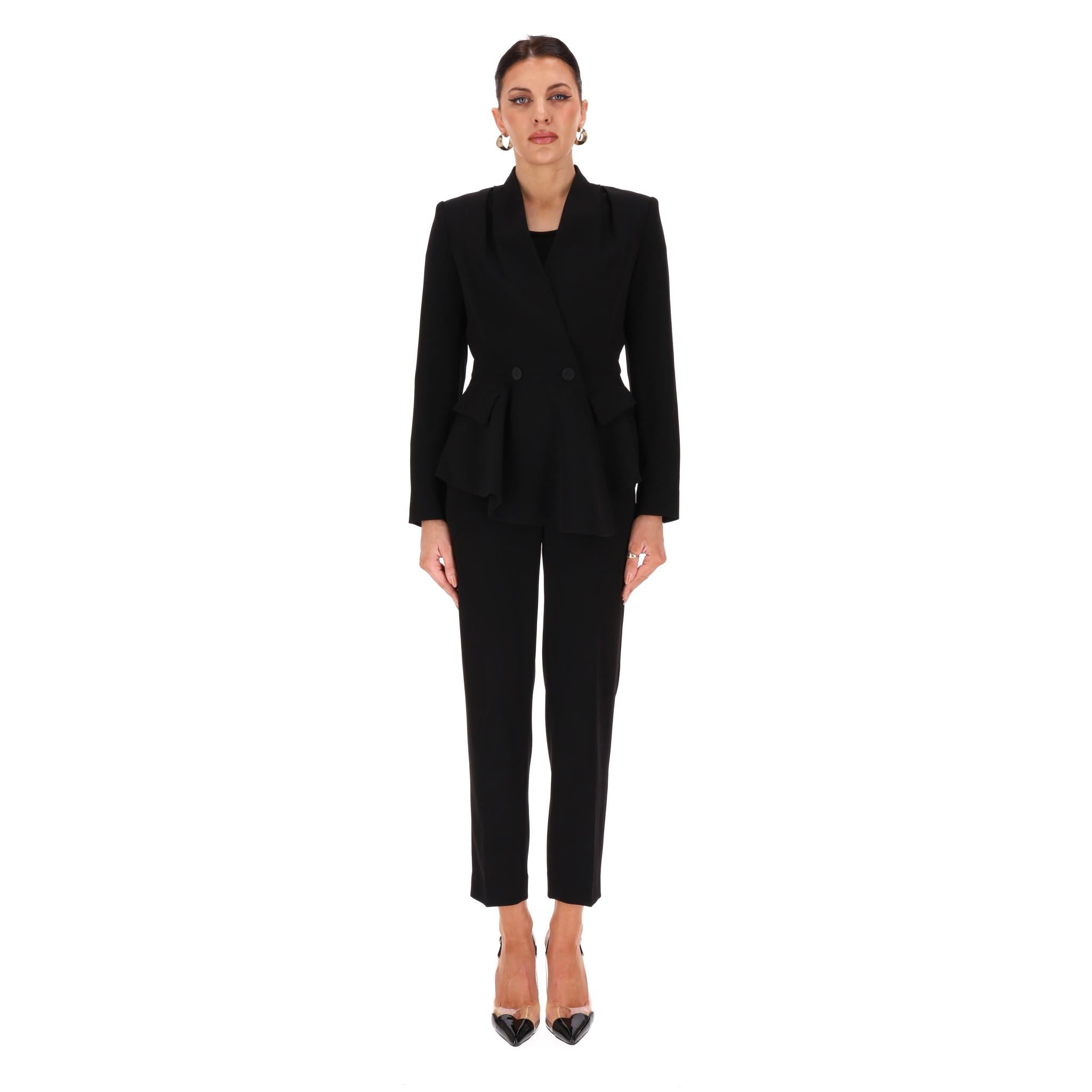 The Fold Peplum Jacket & Straight Trousers Suit

Black two-piece suit consisting of a jacket and trousers.

Peplum blazer designed with a wrap-style double-breasted front.

Straight-fit trousers detailed with belt loops and button, bar and zip