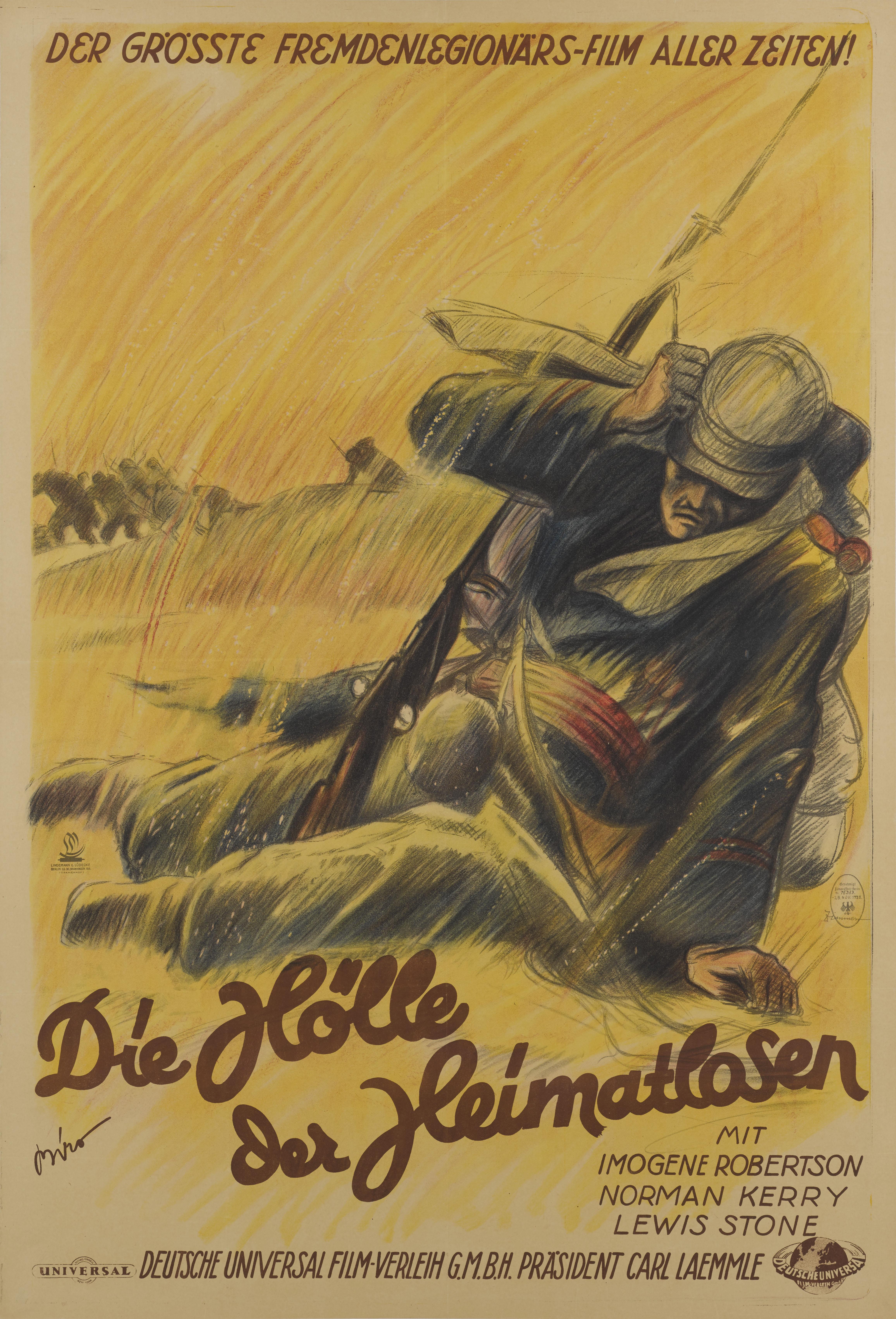 Une affiche originale allemande incroyablement rare pour le film muet de 1928 La Légion étrangère. Ce film a été réalisé par Edward Sloman et met en vedette Norman Kerry.
L'affiche a été conçue par l'artiste hongrois Mihaly Biro (1886-1948) et