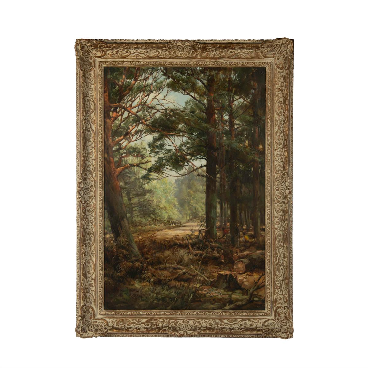 ‘The Forest Road, Boldrewood, Hampshire’ by Montague Dawson, oil on canvas, showing a road winding past a stand of tall conifers.  Signed, framed and glazed, a paper label on the reverse from Daniel Rees, Fine Art Dealer, Jackson, Michigan stating