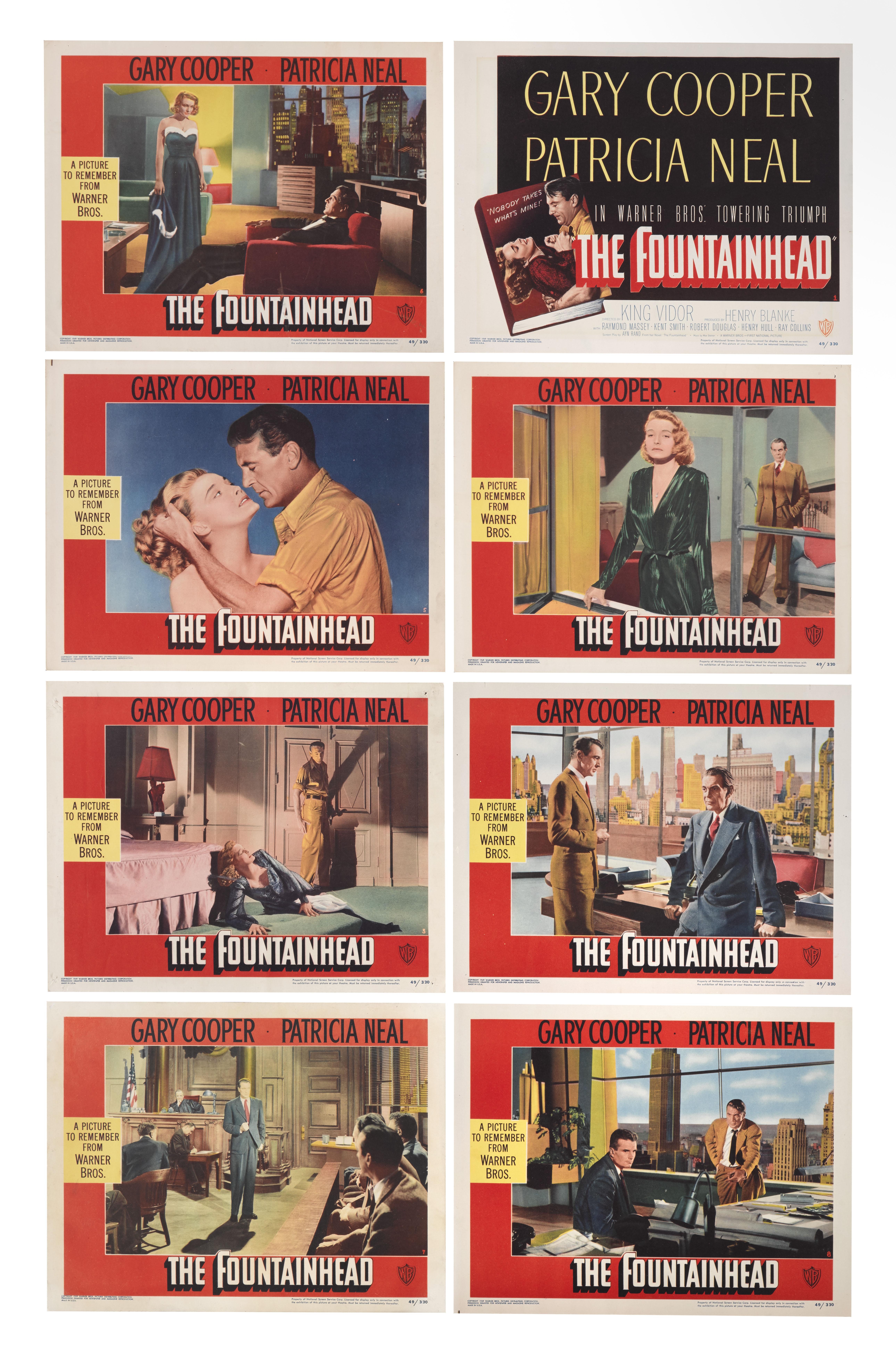Original US set of 8 Lobby cards for the 1949 Film Noir staring Gary Cooper, Patricia Neal and directed by King Vidor and taken from the 1943 novel by Ayn Rand.
This set would be send out flat and shipped by Federal Express.