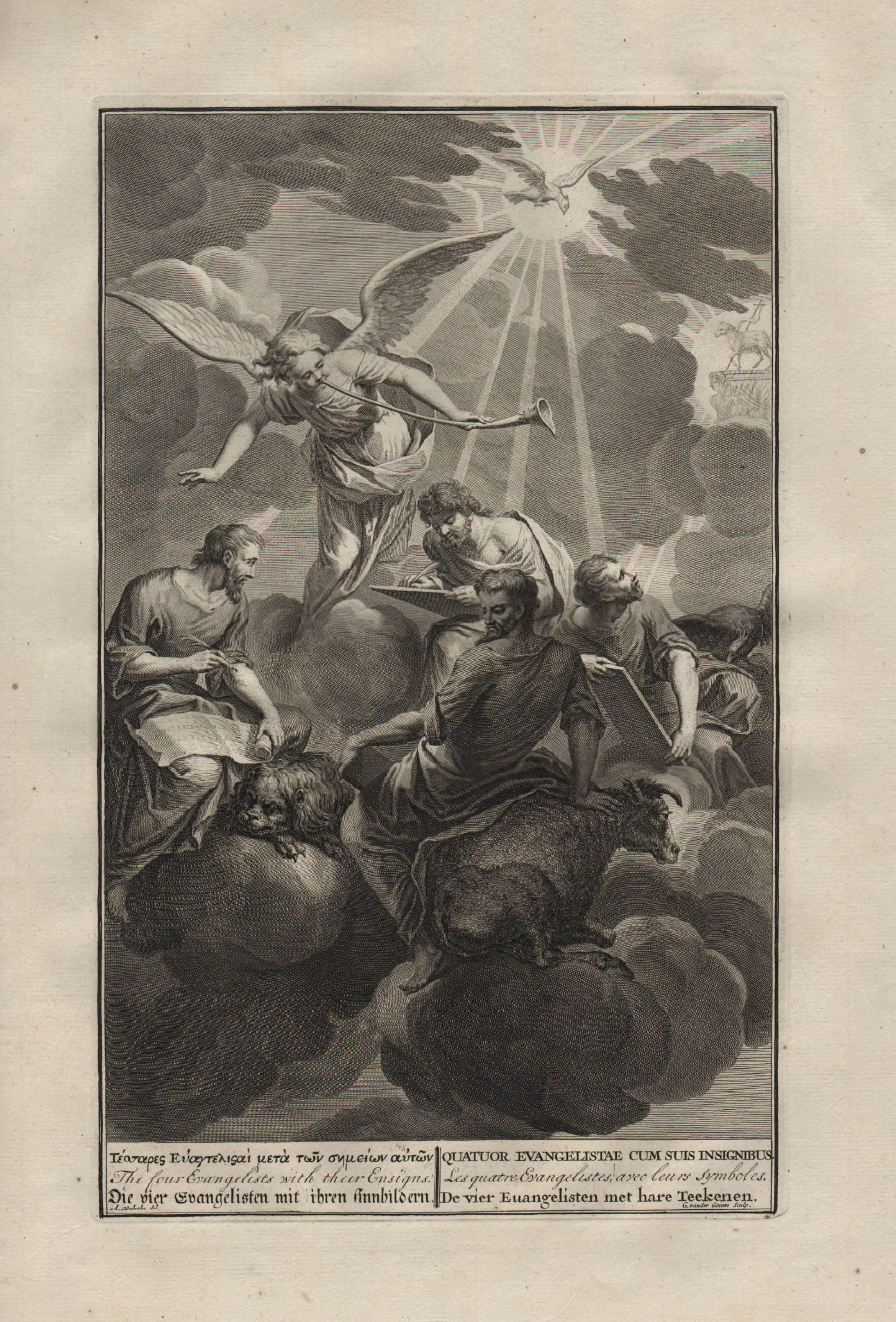 Dutch 'The Four Evangelists' 1728 Framed Engraving Religious For Sale