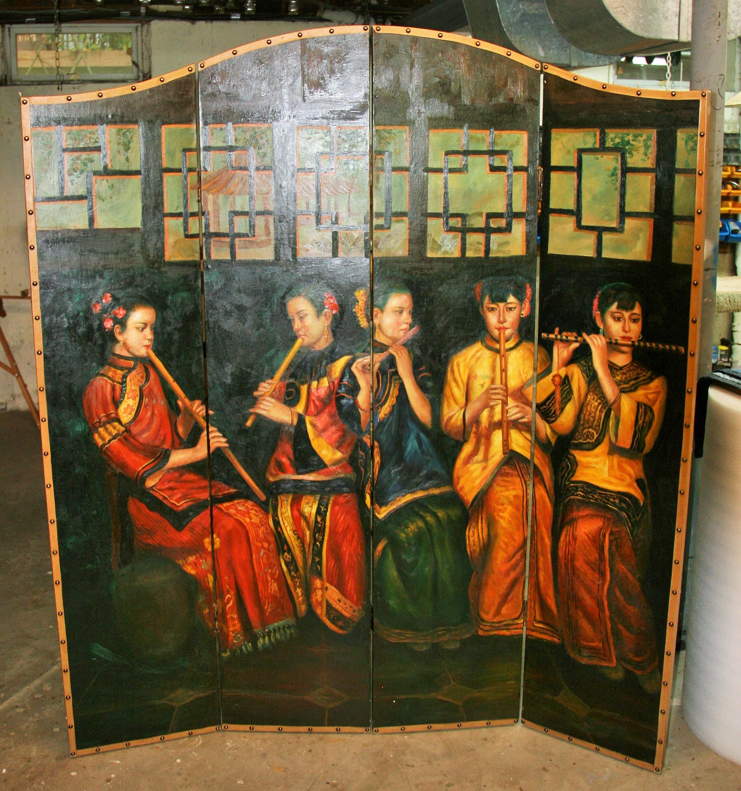 1873 Les quatre joueurs de flûte  Huile peinte à la main sur 4 panneaux de bois avec une qualité et des détails exceptionnels room devider / screen
Peut être fixé au mur 