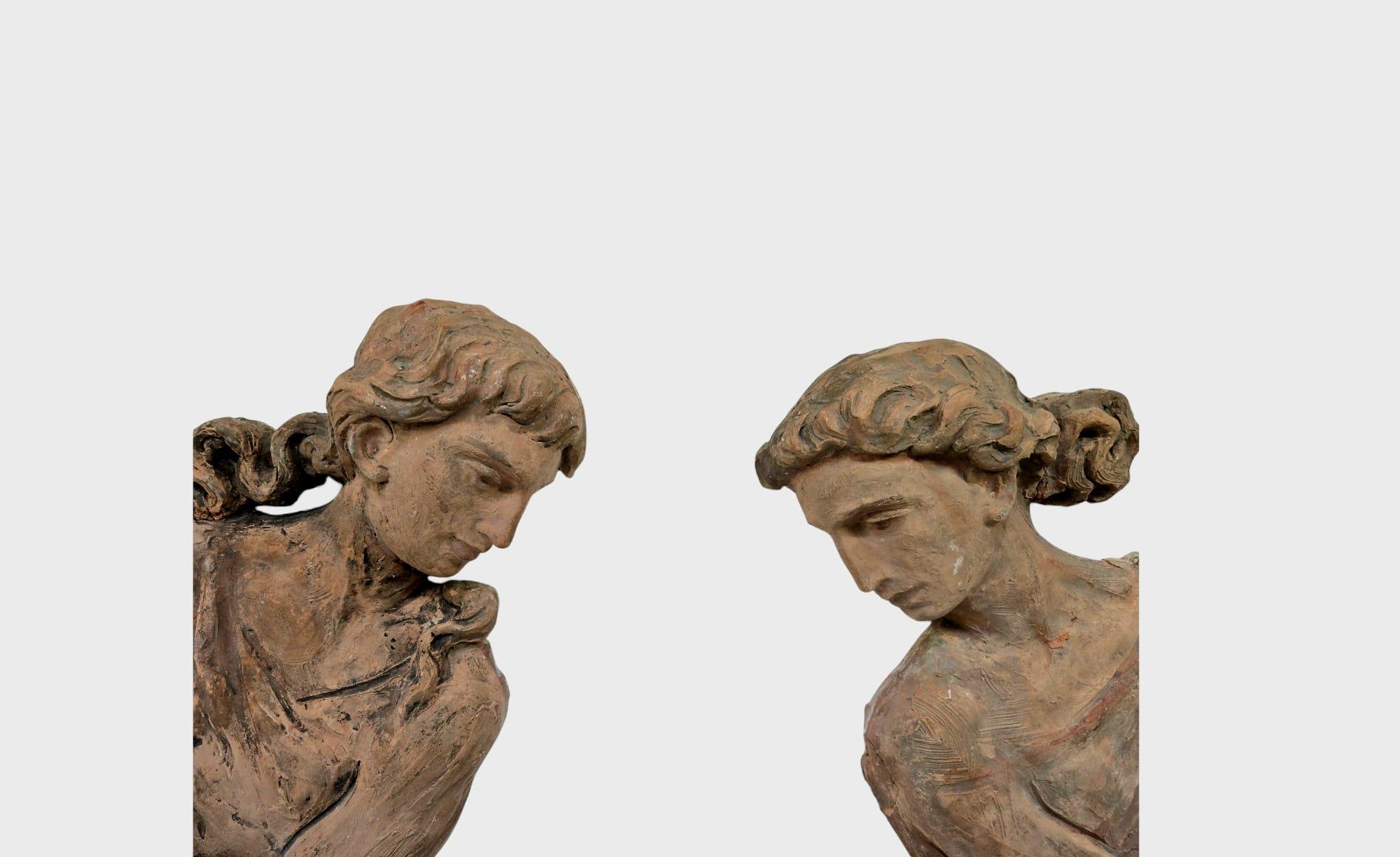 A remarkable set of four terracotta sculptures with gilded terracotta accents in fine gold, dating from around 1900. Each figure represents an allegory of the Four Seasons: Spring, Summer, Autumn, and Winter.

Origin: German craftsmanship, circa