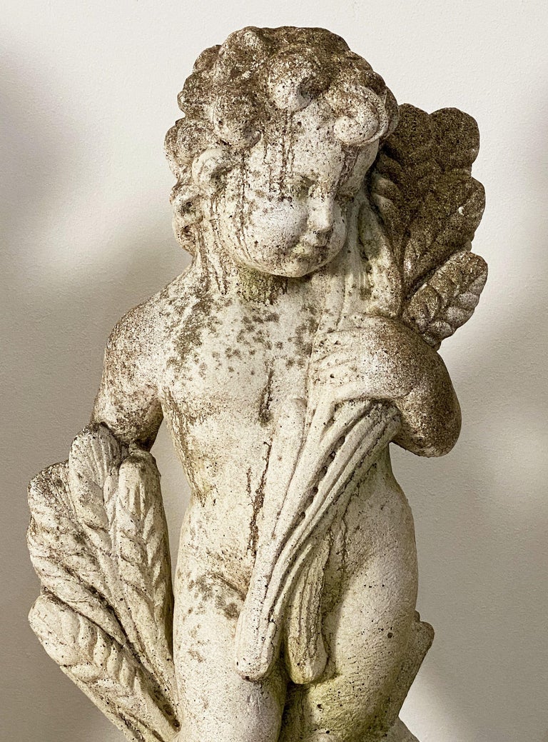 The Four Seasons Cherub Statues on Pedestals, Garden Stone Statuary at