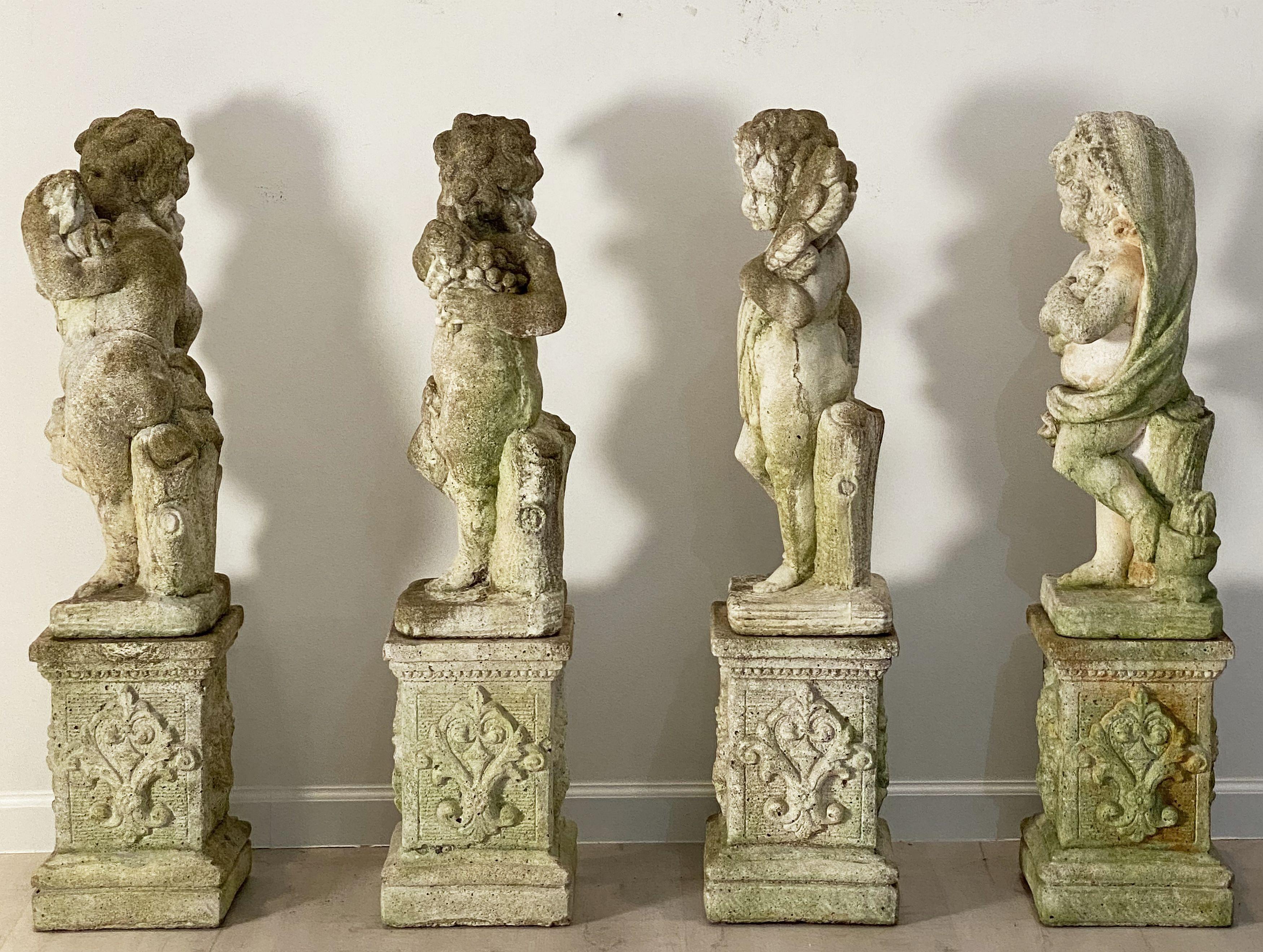 The Four Seasons Cherub Statues on Pedestals, Garden Stone Statuary 7
