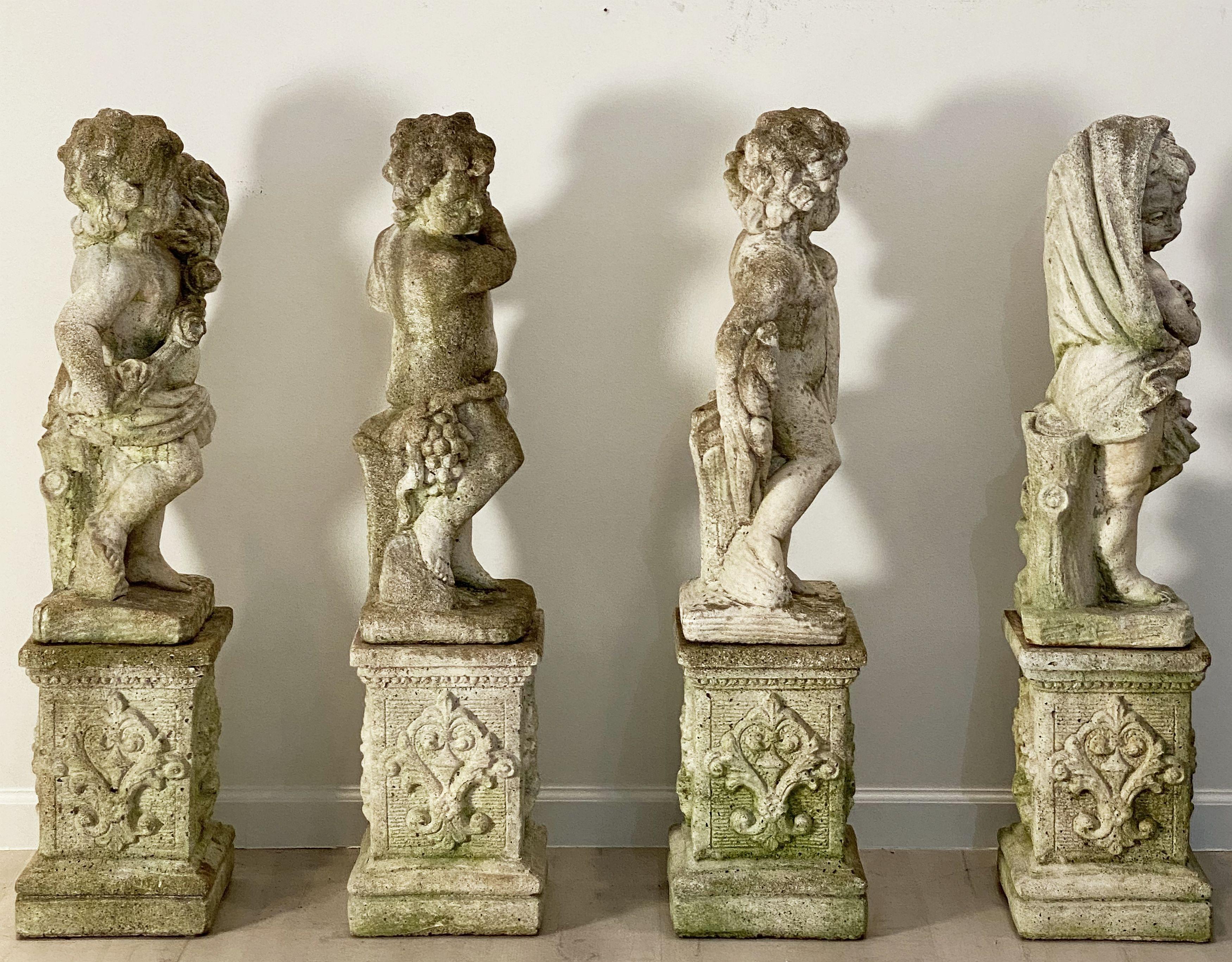 The Four Seasons Cherub Statues on Pedestals, Garden Stone Statuary 8
