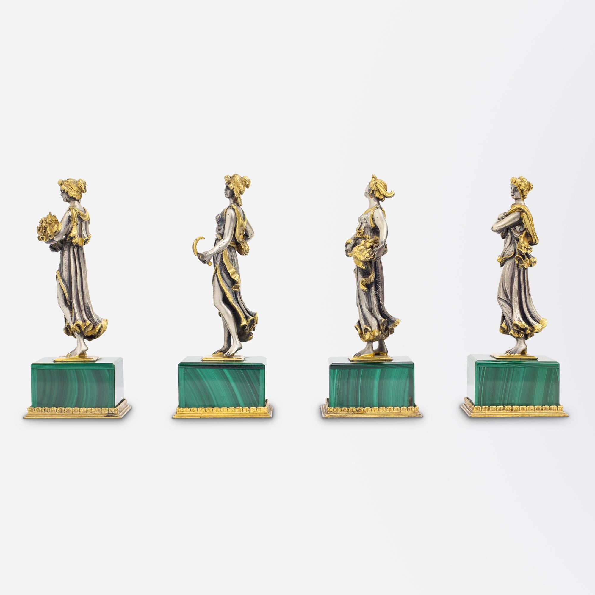 Uncut 'The Four Seasons' Figures in Gilt Silver & Malachite For Sale