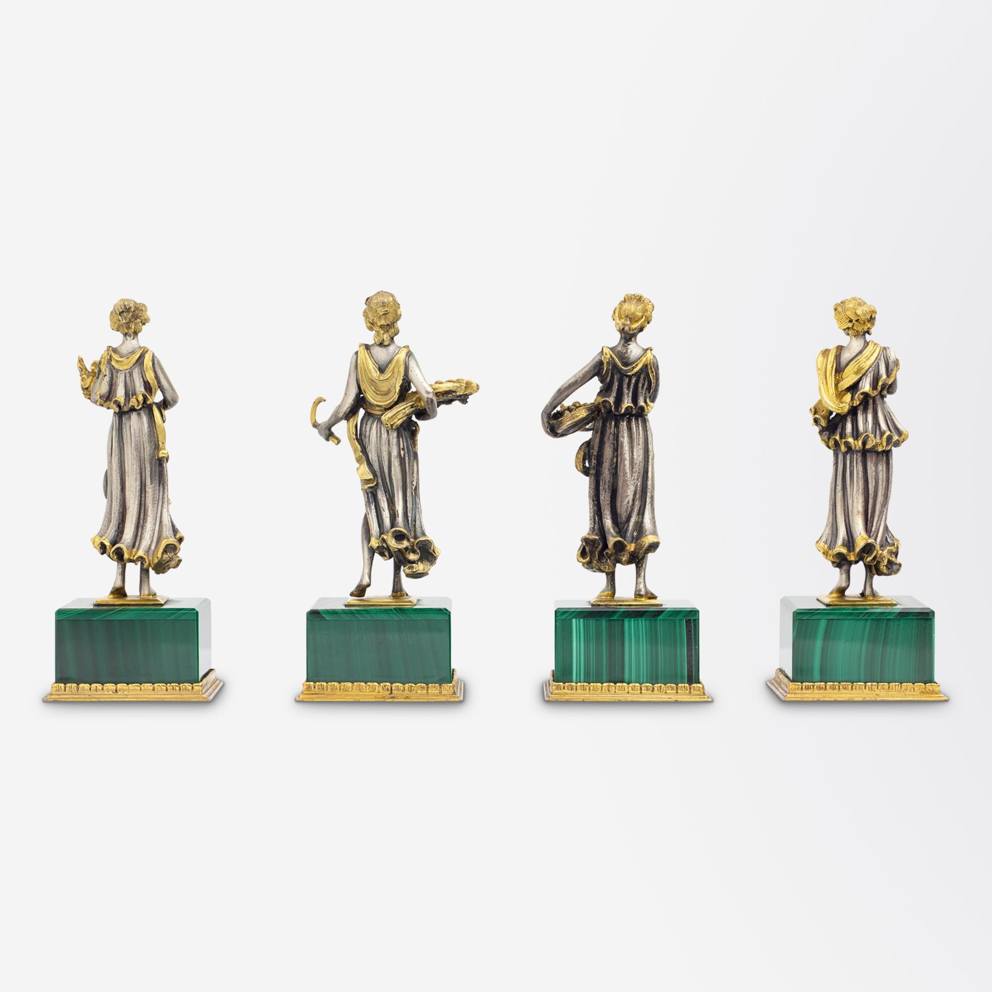 'The Four Seasons' Figures in Gilt Silver & Malachite In Excellent Condition For Sale In Brisbane, QLD