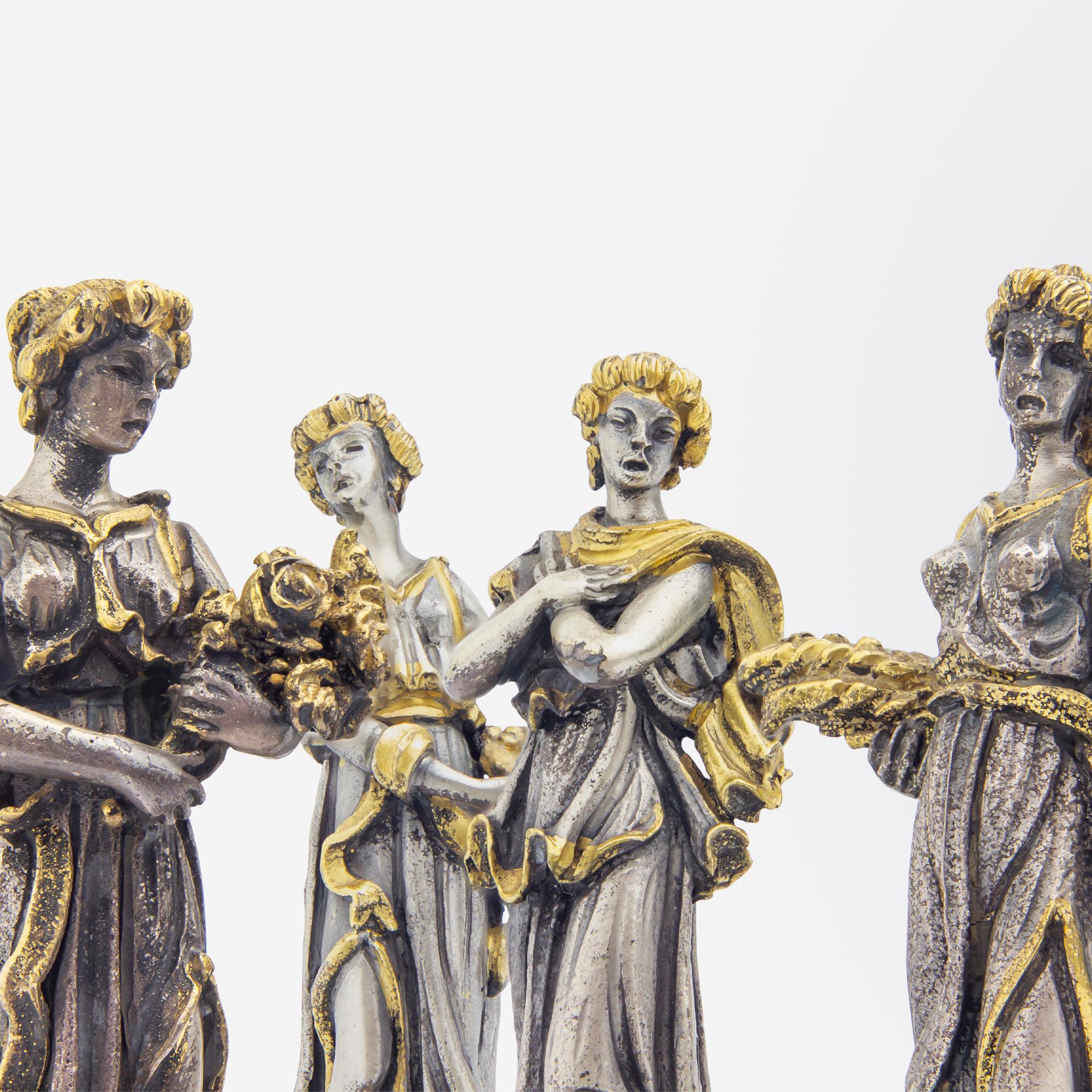 „Die vier Jahreszeiten“-Figuren aus vergoldetem Silber und Malachit im Angebot 1