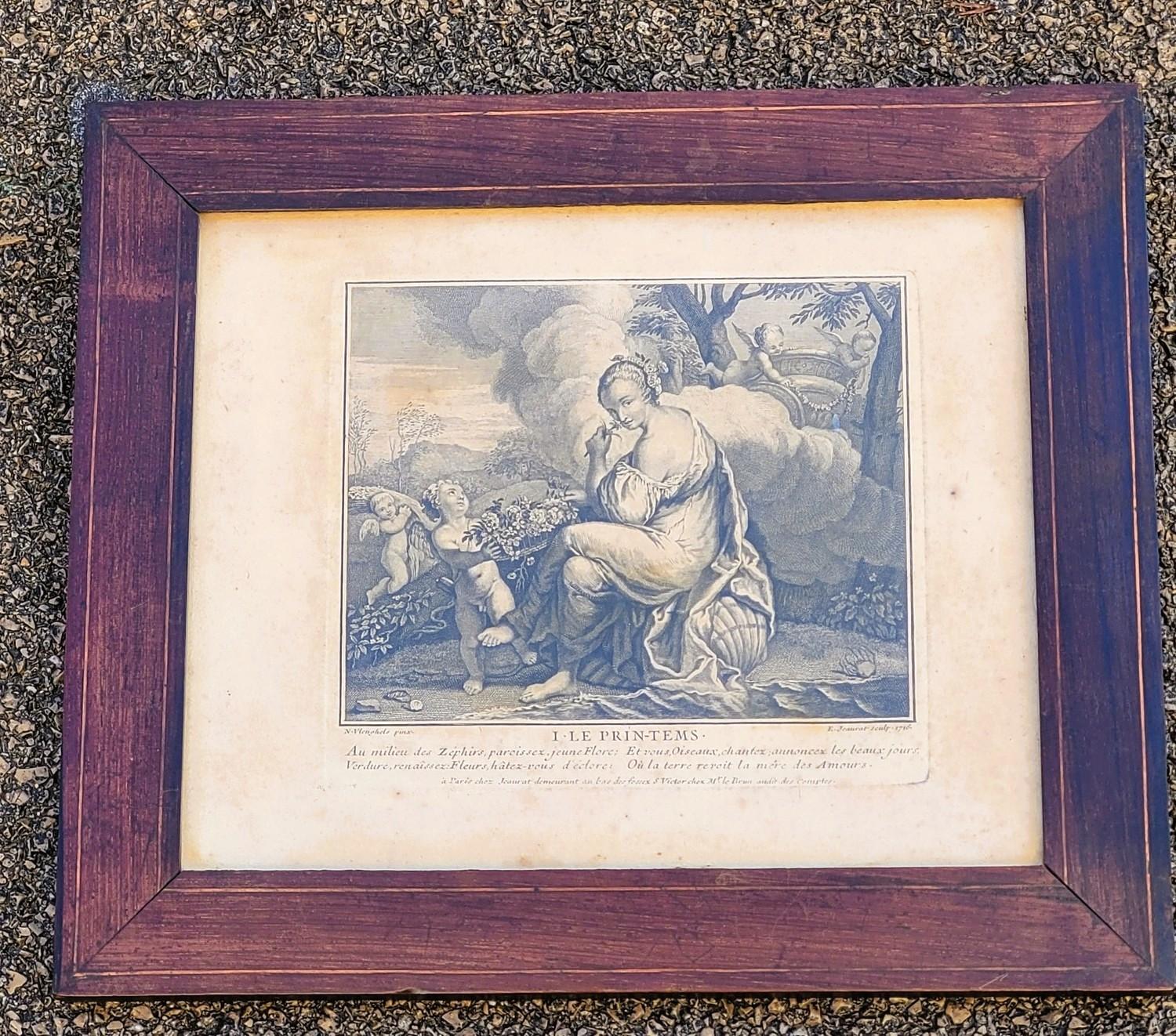 Die vier Jahreszeiten, eine Serie von gerahmten Stichen mit Allegorien der Jahreszeiten nach Zeichnungen von Nicolas Vleughels.   

Unter jeder Zeichnung stehen ein Titel und einige Verse, die die jeweilige Jahreszeit illustrieren, sowie die