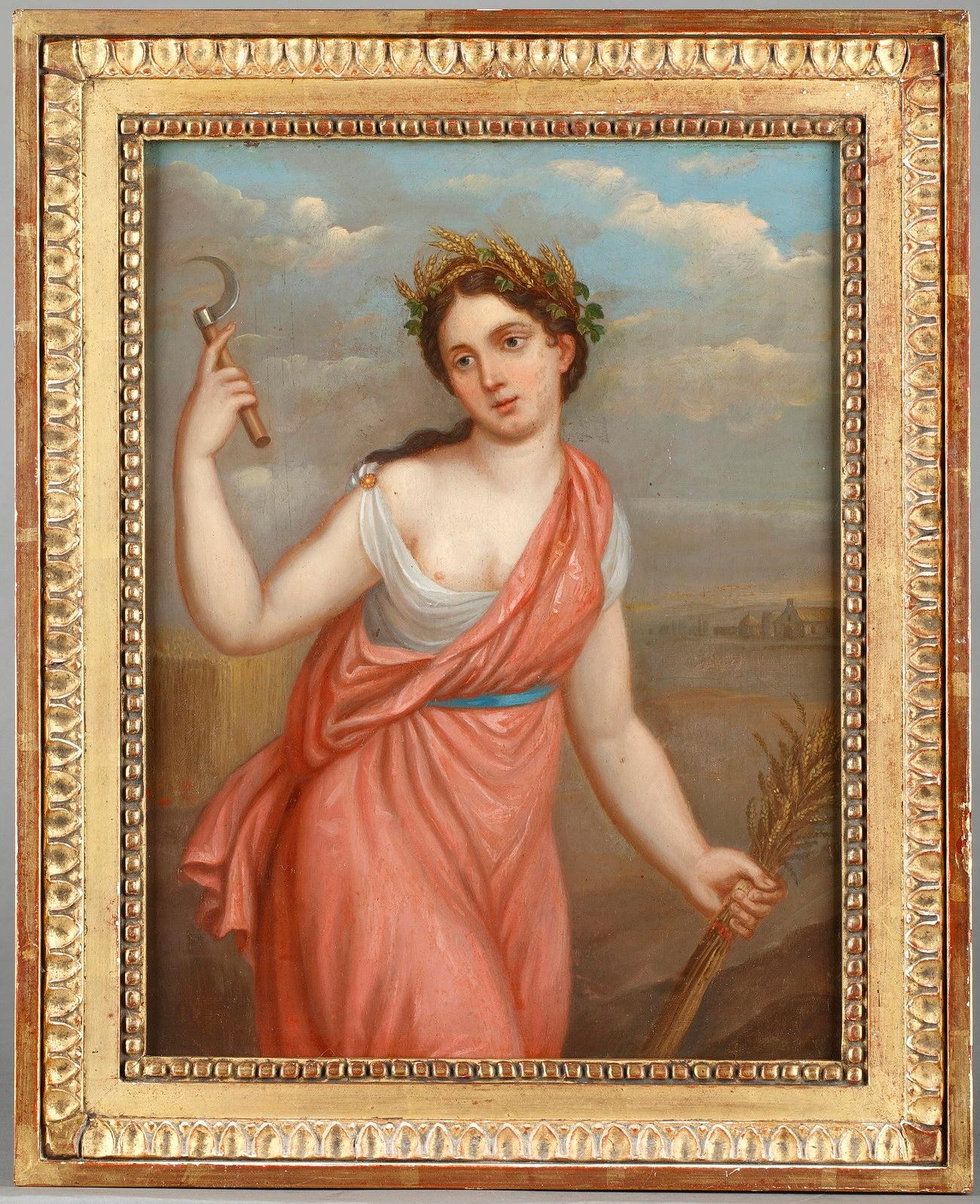 Late 18th-early 19th century oil on cooper paintings featuring The Four Seasons. The allegorical characters are inspired by famous paintings and use the Renaissance iconography, with female figures on a landscape background. The allegory of autumn