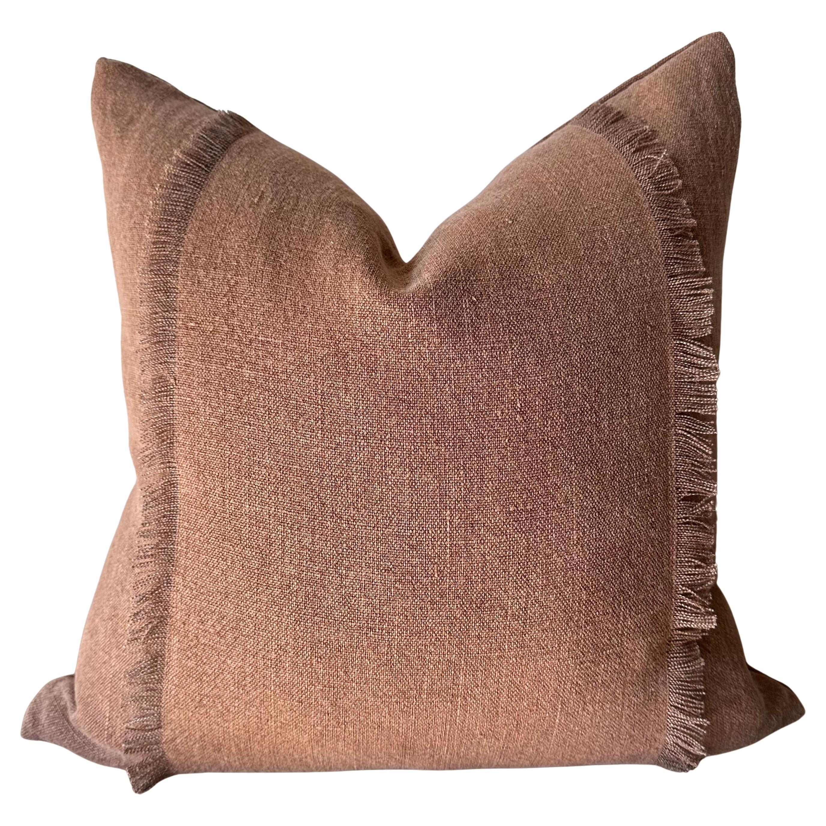 The Fringe Linen Accent Pillow in Rust Havane Color Includes Down Feather Insert