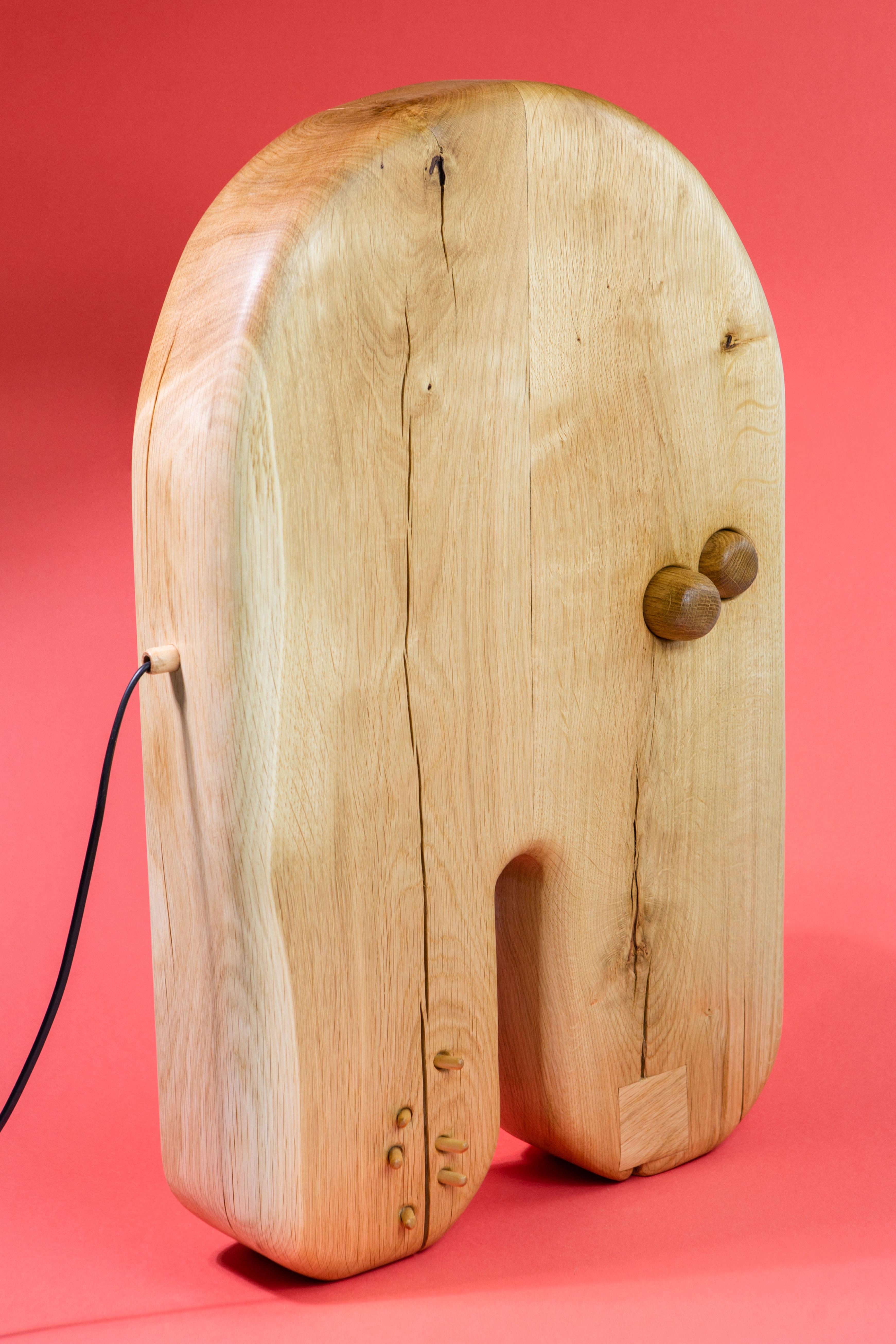 English The Fruiting Body #1 – Hand Carved Solid Oak Modern Primitive Table Lamp For Sale