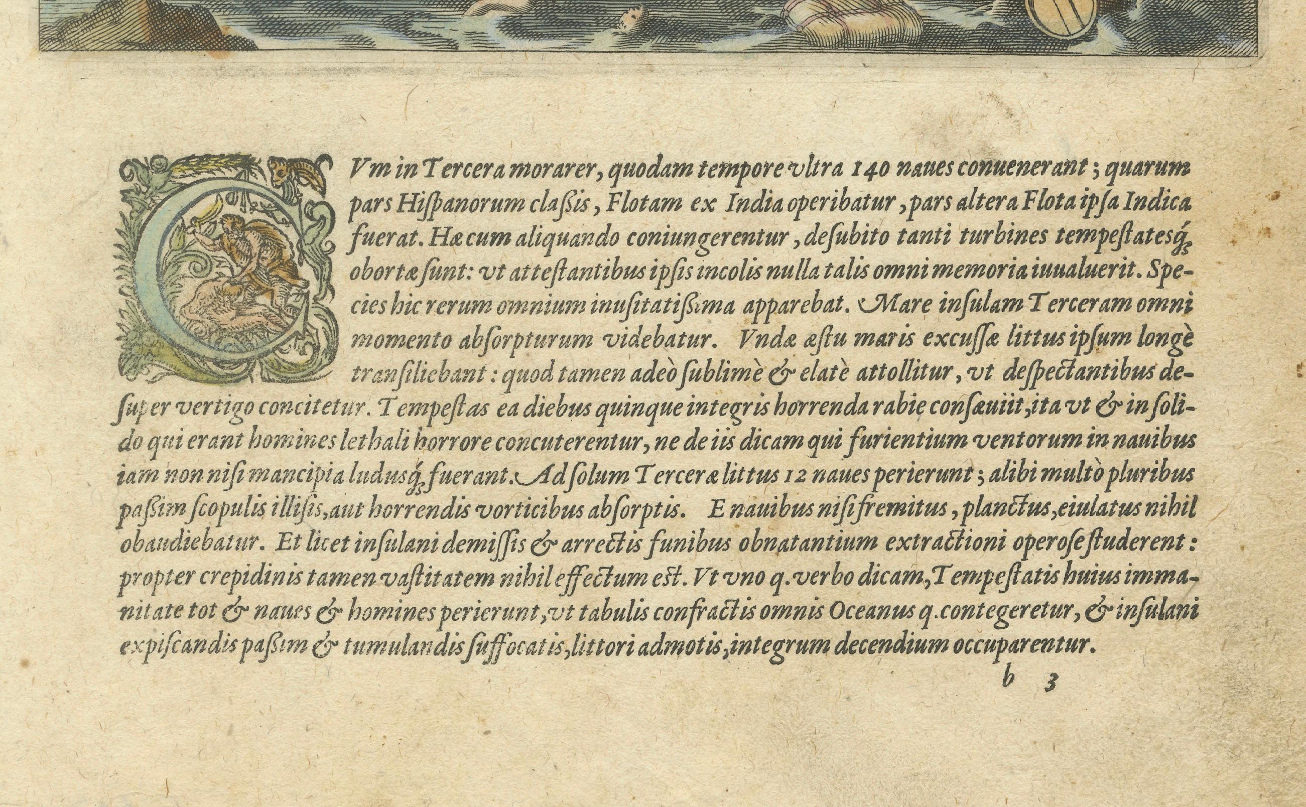 La Furia de las Azores: El desastre del naufragio en Terceira, de la obra de Linschoten de 1610  

Este dramático grabado coloreado a mano, titulado 