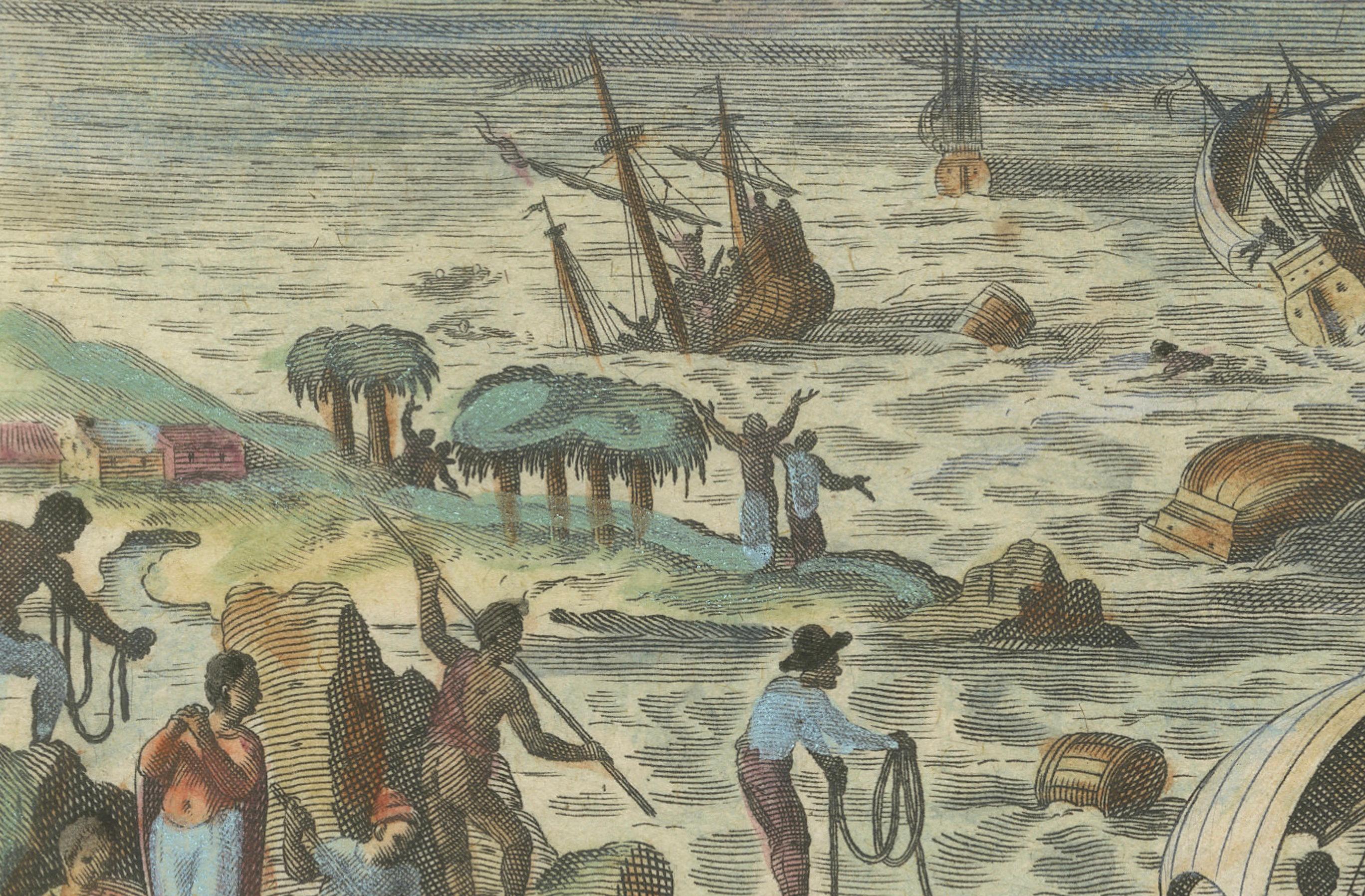 La Furia de las Azores: Desastre de naufragio en Terceira, grabado hacia 1610 en Bueno estado para la venta en Langweer, NL