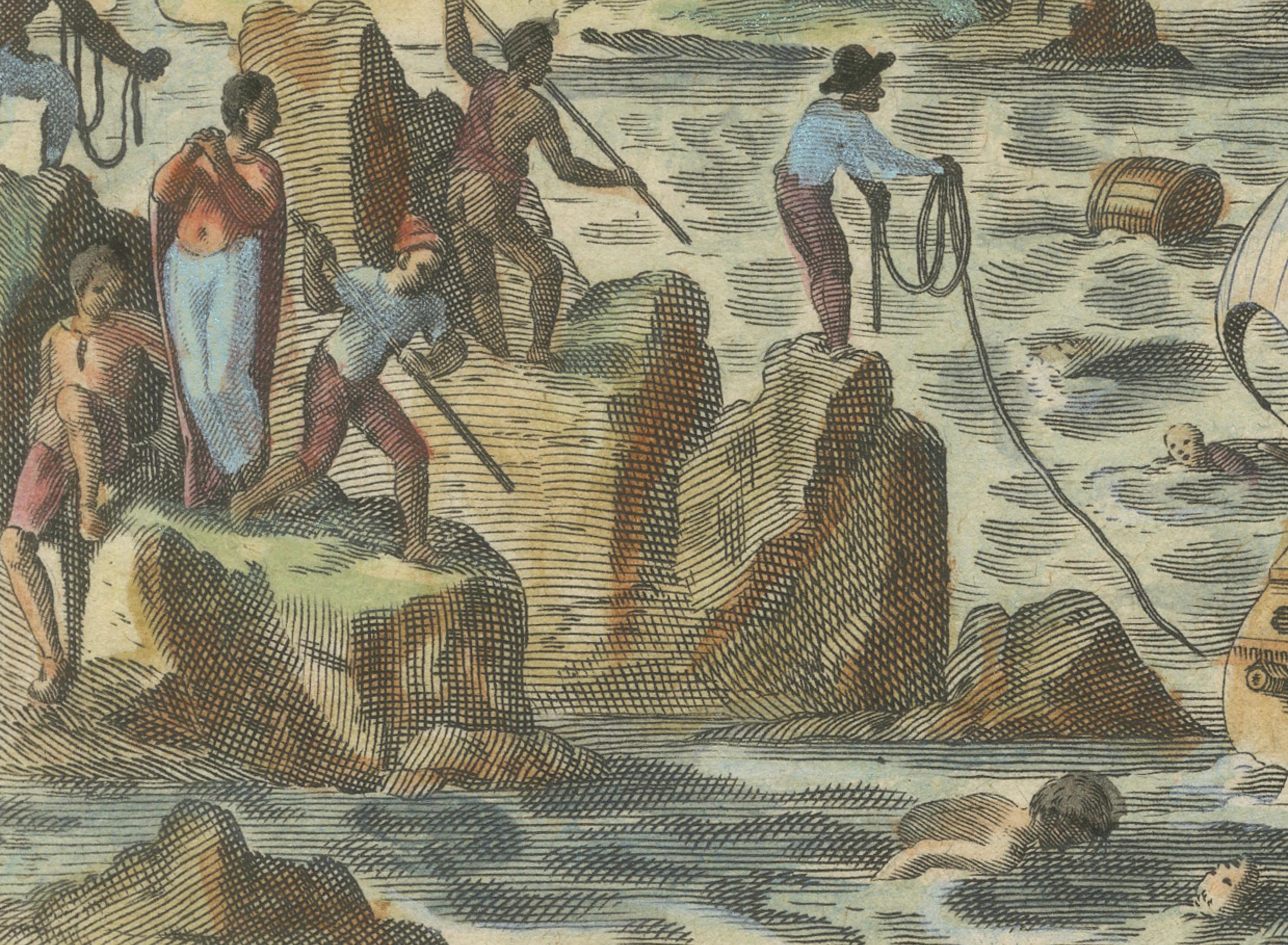 La Furia de las Azores: Desastre de naufragio en Terceira, grabado hacia 1610 principios del siglo XVII en venta