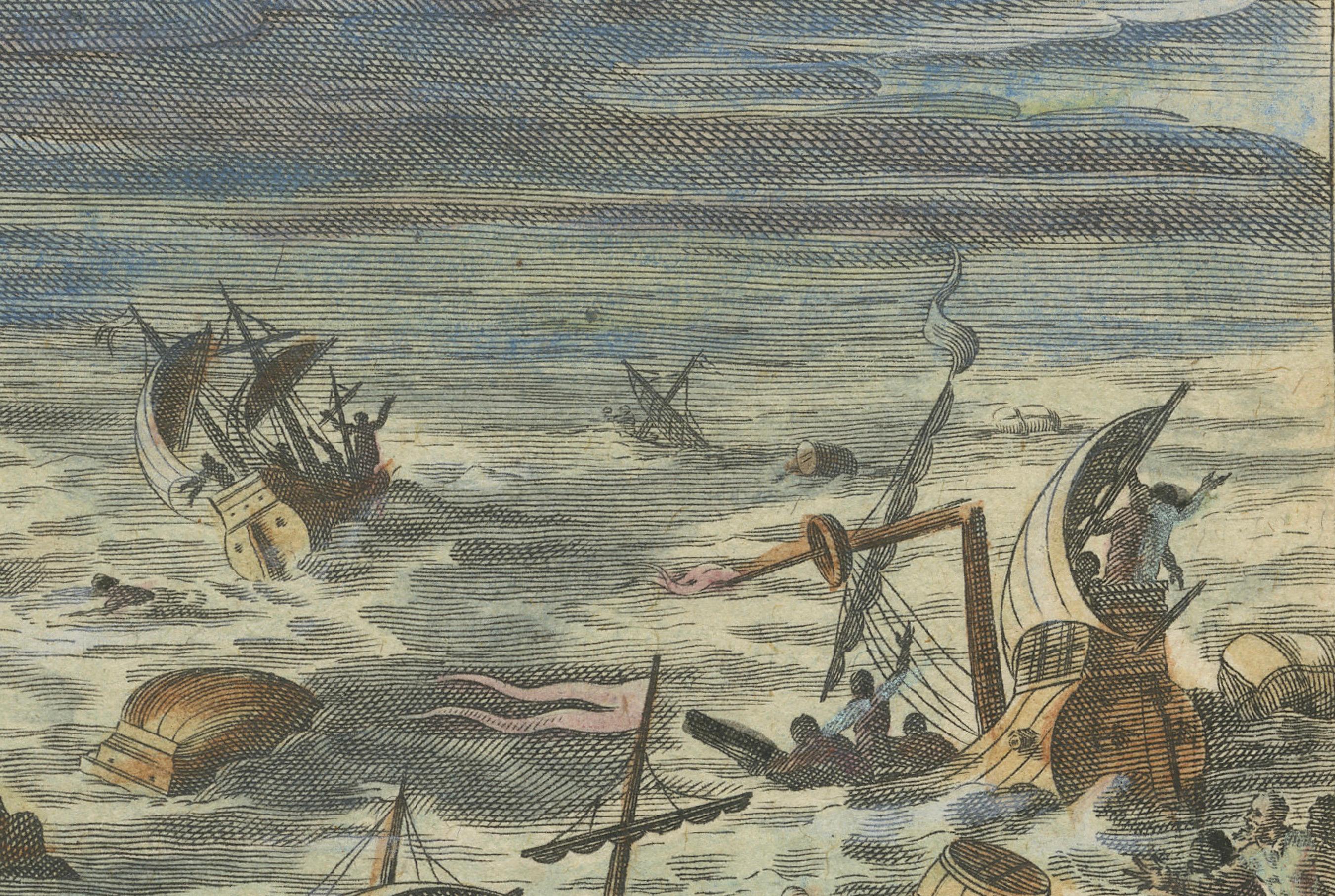 La Furia de las Azores: Desastre de naufragio en Terceira, grabado hacia 1610 Papel en venta