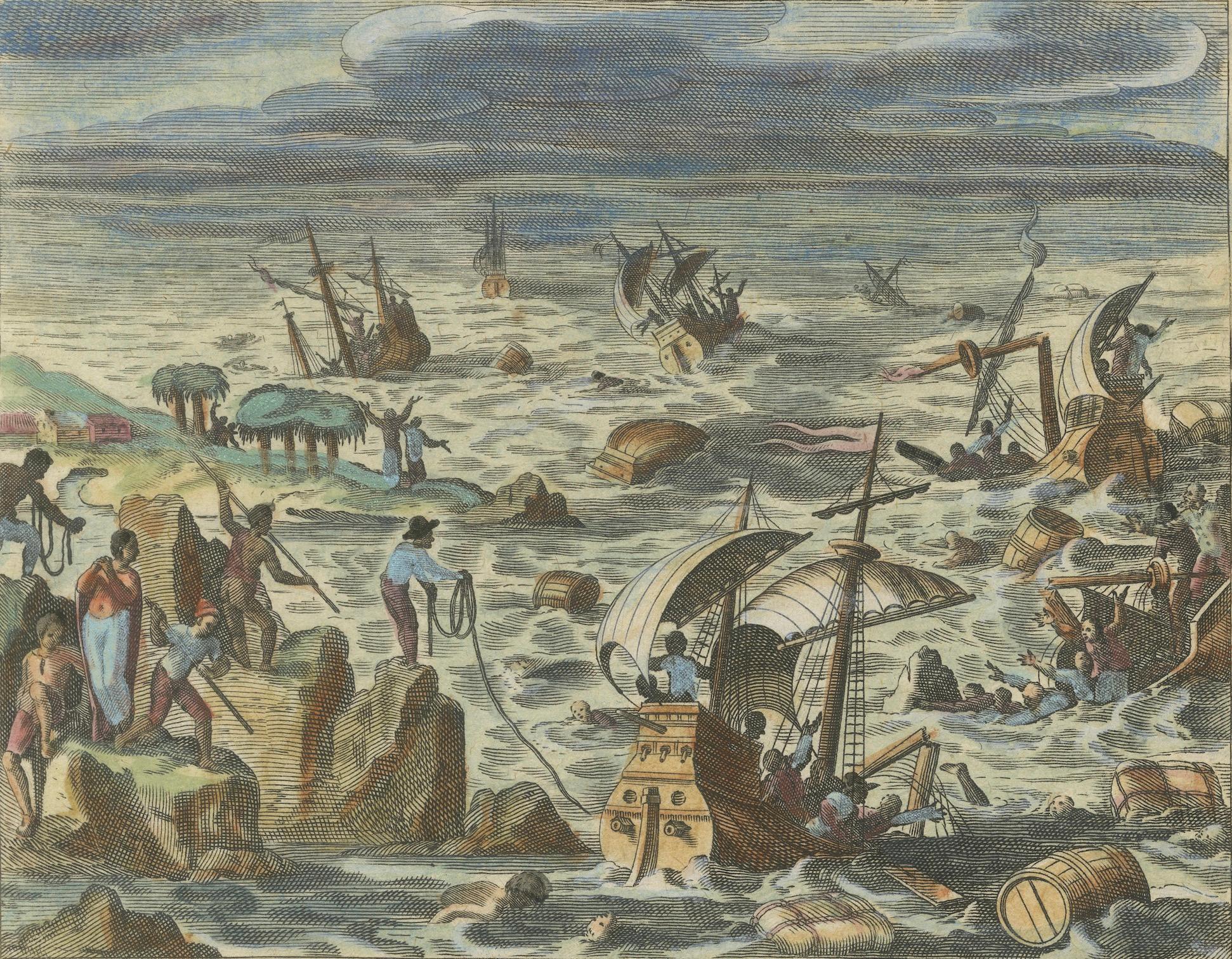 La Furia de las Azores: Desastre de naufragio en Terceira, grabado hacia 1610 en venta 2