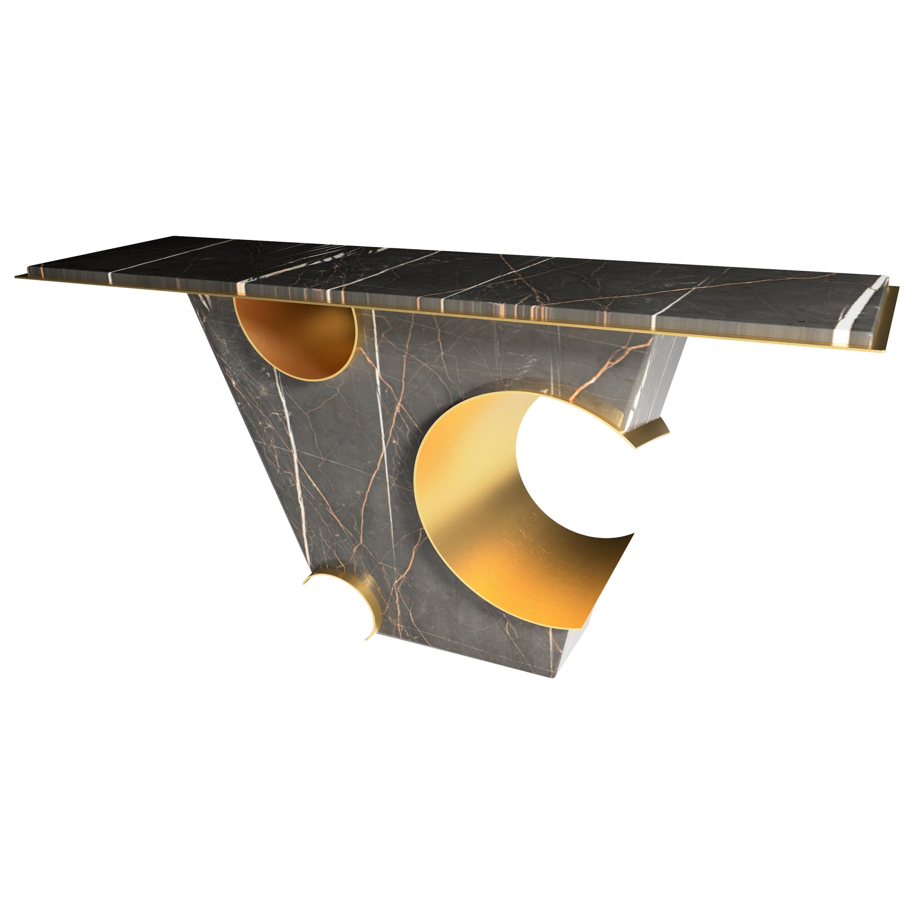 "The Galactic" Sculpture Console Table ft. Sahara Noir Marble and Brass For Sale