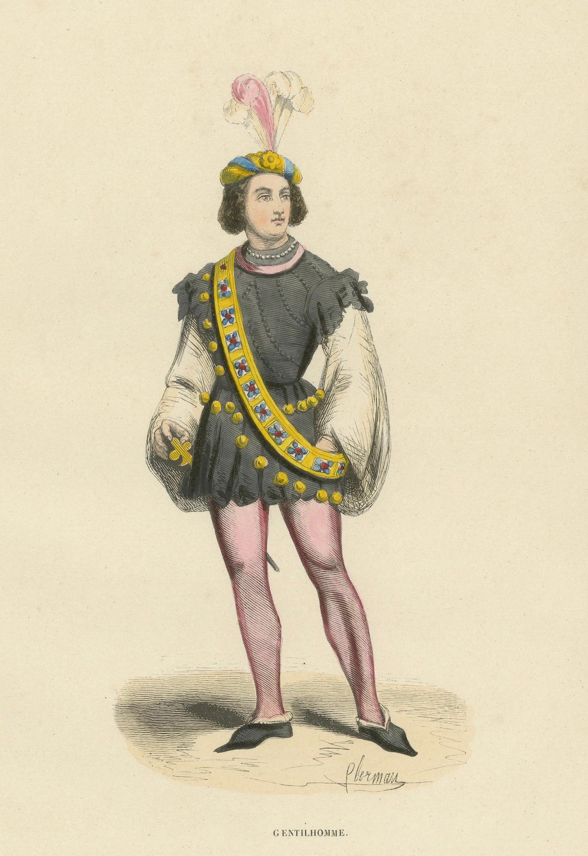 Paper The Gallant Courtier: A Nobleman's Fashion in 'Costume du Moyen Âge, 1847 For Sale