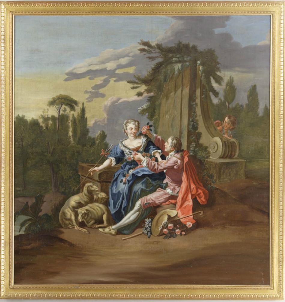 Oil on canvas depicting a gallant scene set in a landscape of ruins. The man in the painting is hanging a garland of flowers on a young shepherdess. At her feet are her three sheep, her hat, her cane, and a bouquet of flowers. Hiding behind the