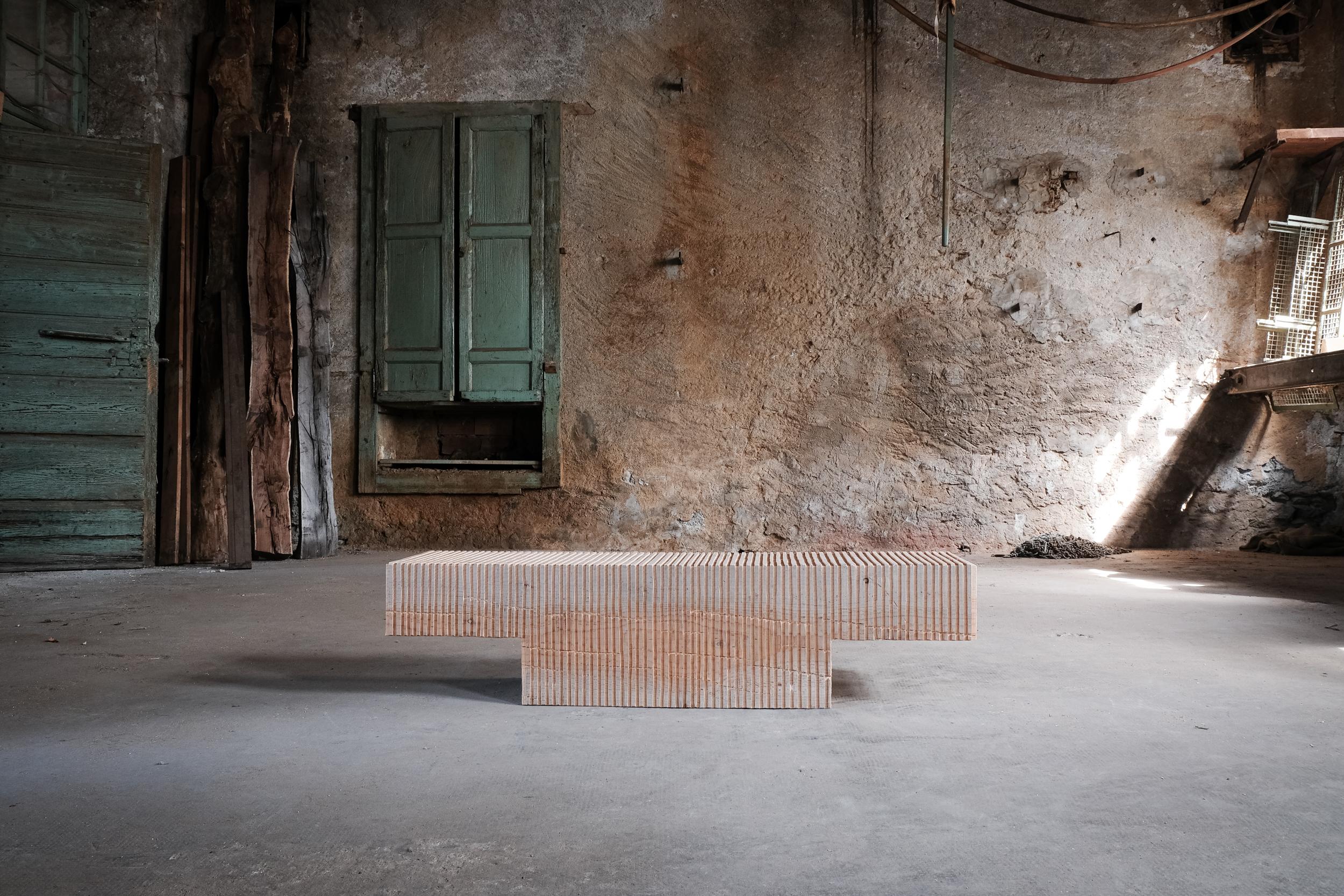 The 'Galtur Bench' by Italian designer-maker Riccardo Monte is a low bench made of cedar that is ideal as a hallway addition, coffee table or bedroom bench. Each one is made to order and is therefore Unique. Inspired by the regional tradition of the