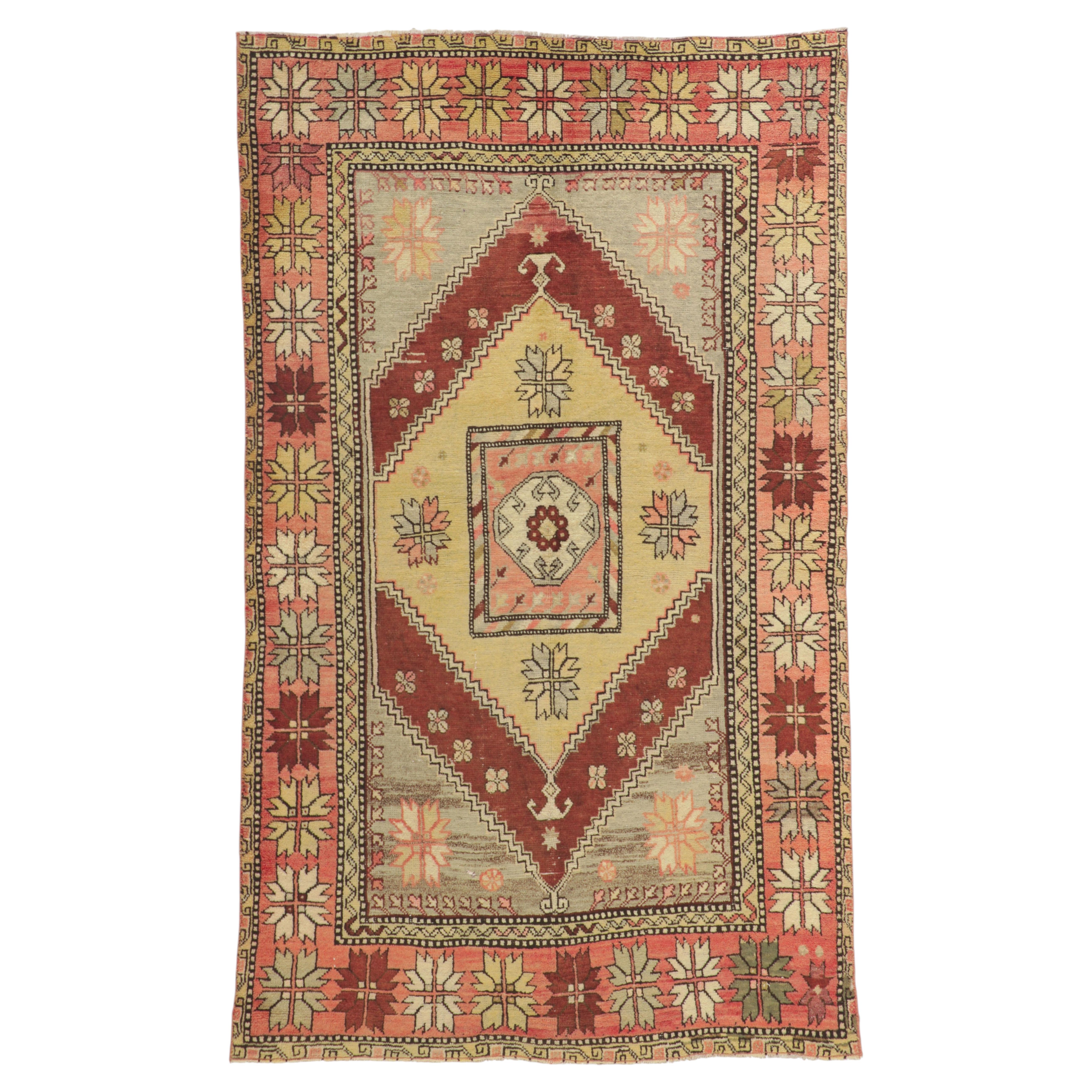 The Garden Emblem: A Vintage Turkish Oushak Masterpiece of Pastoral Harmony For Sale