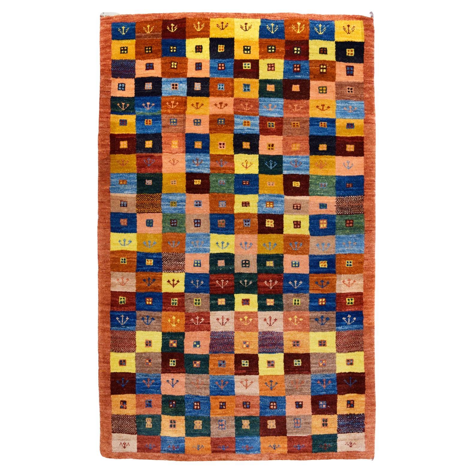 "The Garden" Persian Luri Gabbeh Rug, Multicolored with Orange Border, 3x5