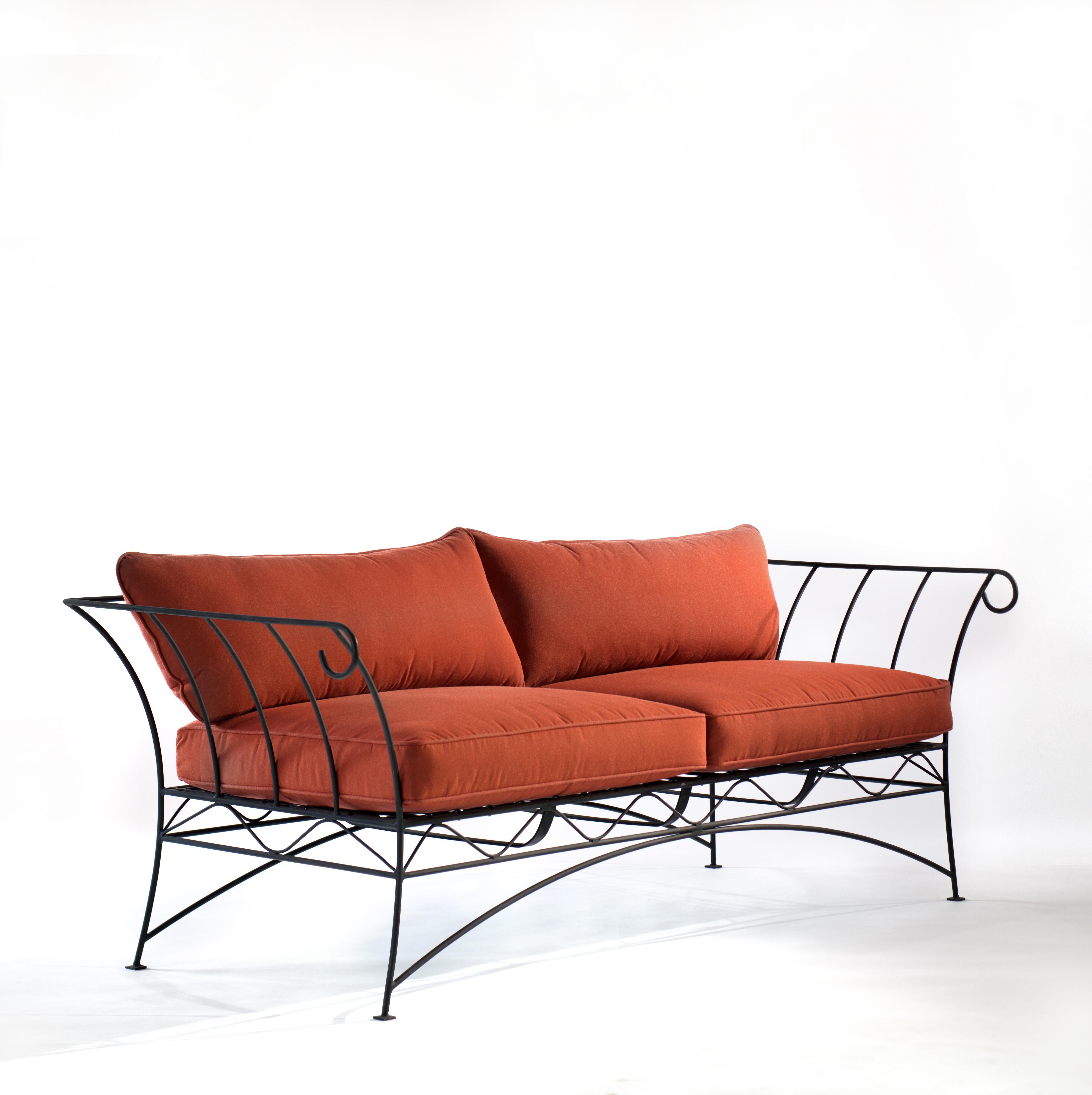Italian Garden Sofa, Ebonized Steel Frame Garden Sofa with Water Resistant Cushions For Sale