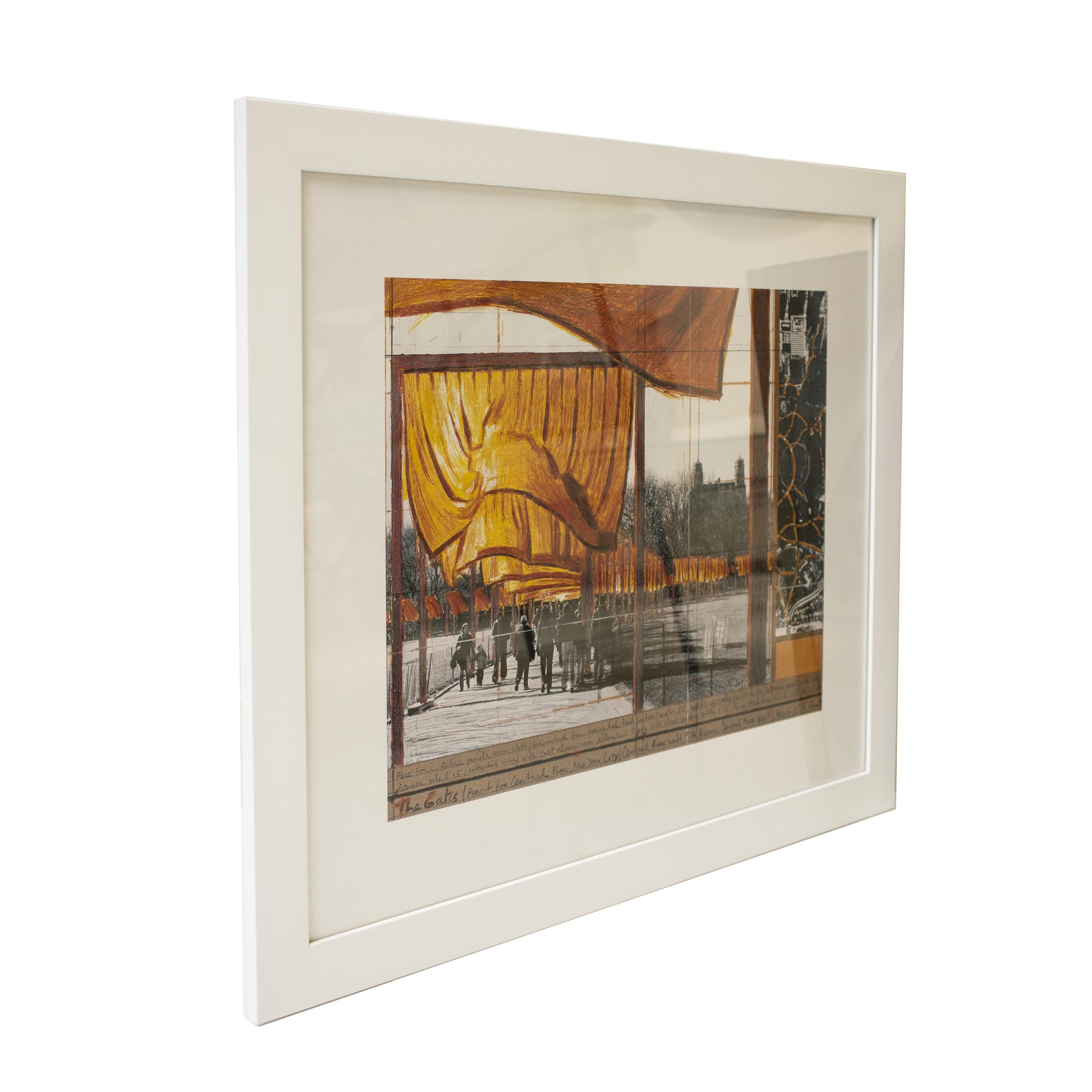 Contemporary lithography in colors from the Project for Central Park, New York City, created in 2004 by Christo and Jeanne-Claude.
The print is framed in a white wooden frame with a transparent glass front.

The installation in Central Park was