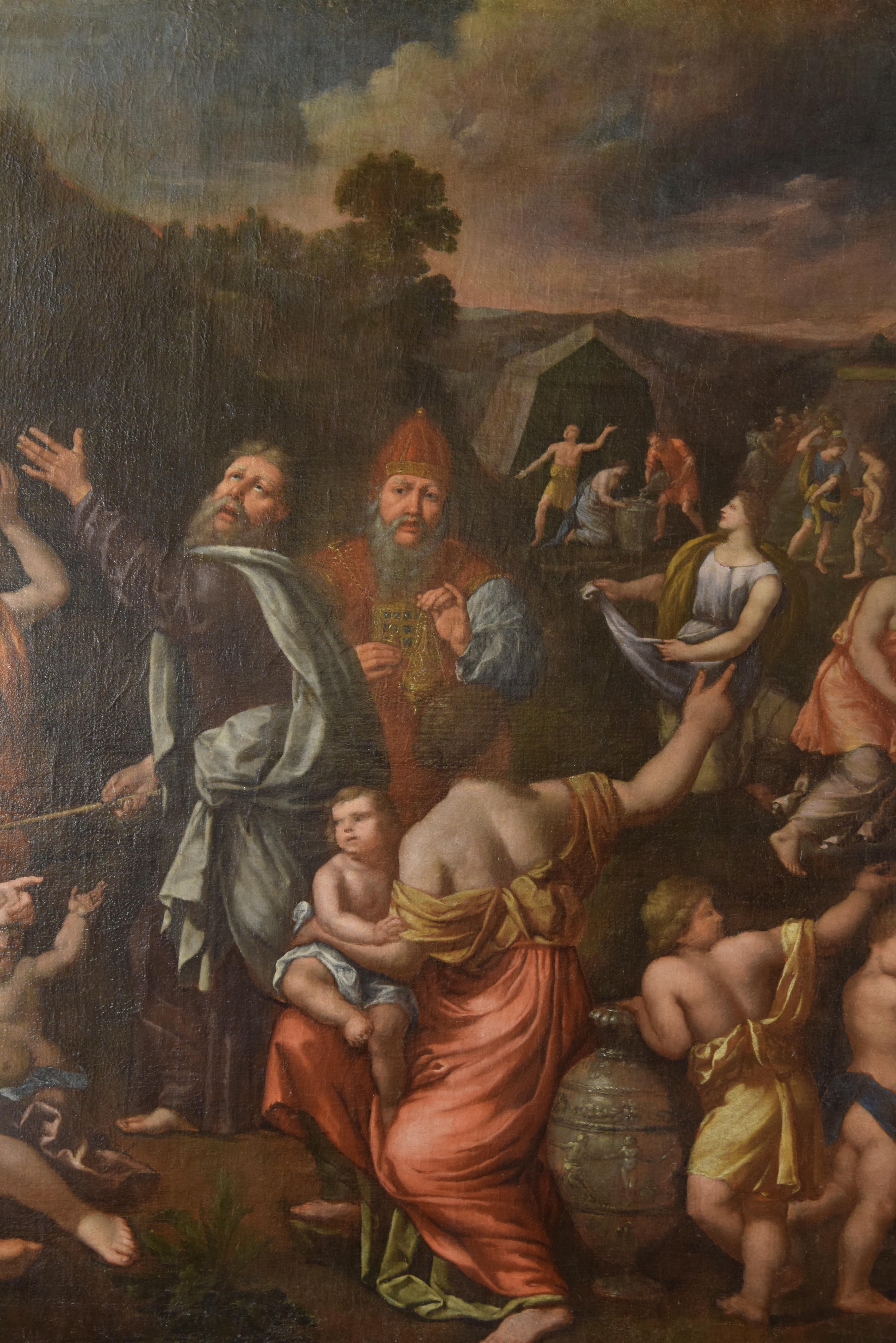 Les Juifs dans le désert collectant la Manne. Huile sur toile, XVIIe siècle.
Huile sur toile disposée horizontalement dans laquelle un thème figuratif est représenté avec un paysage montagneux en arrière-plan. Au premier plan, une série de