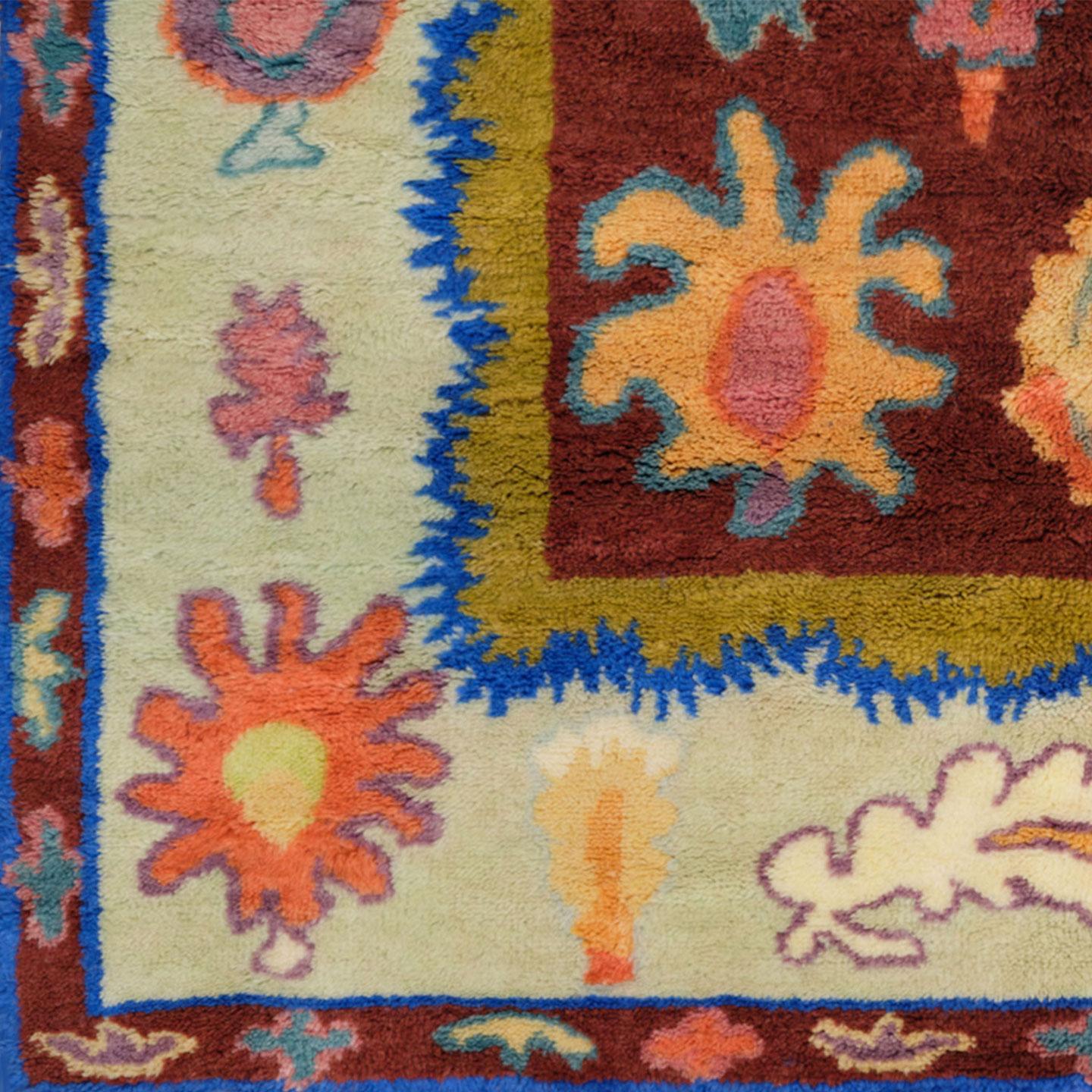 A jewel in coral-like colour combinations, The Gem Rug is made in Bhadohi, India. Hand-dyed and spun from natural wool, it is then knotted by hand, by skilled local weavers. The pile is voluptuous, a shaggy texture primed for playfighting and bare
