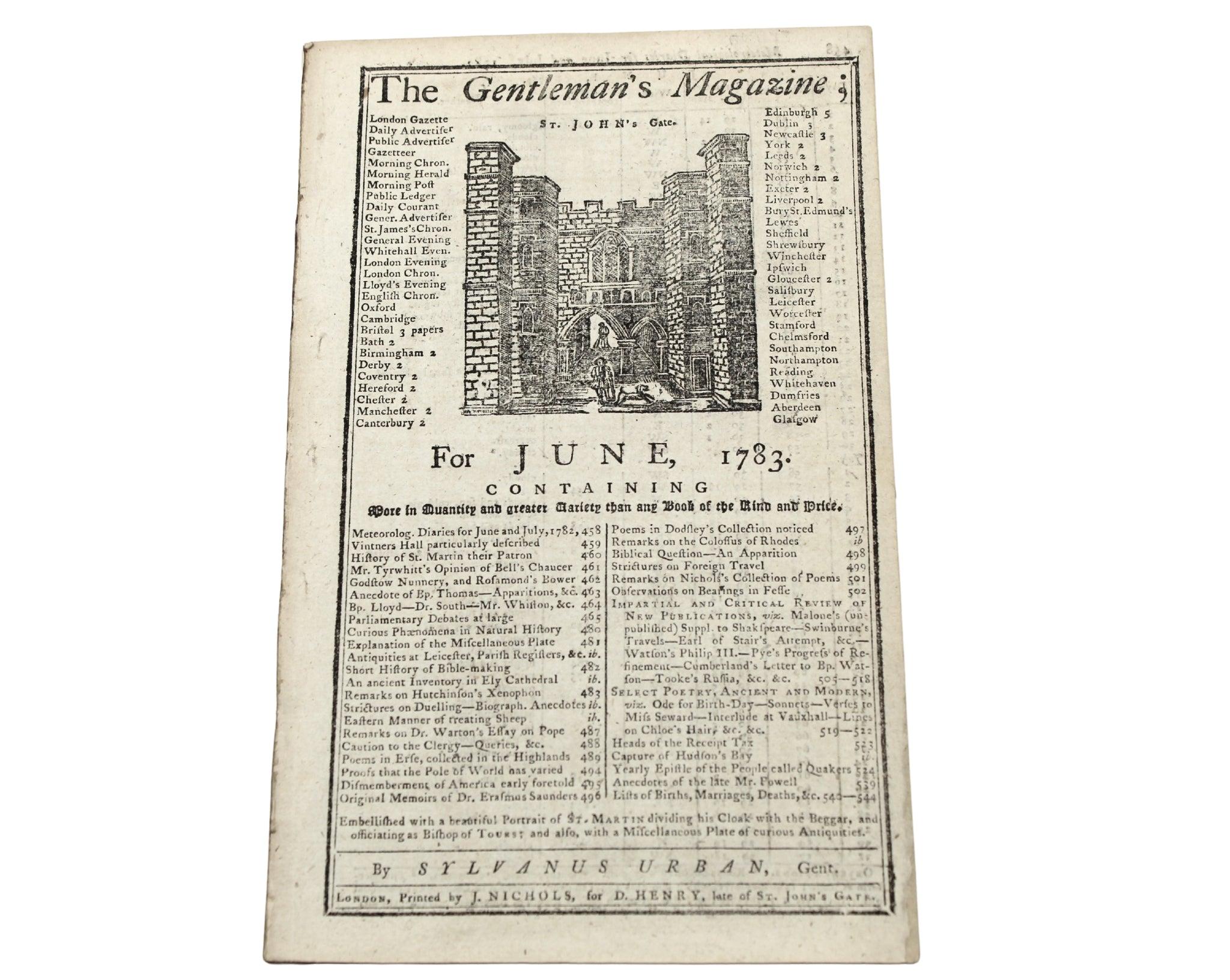 Cuir The Gentleman's Magazine, avec la résolution du drapeau de 1777, juin 1783 en vente