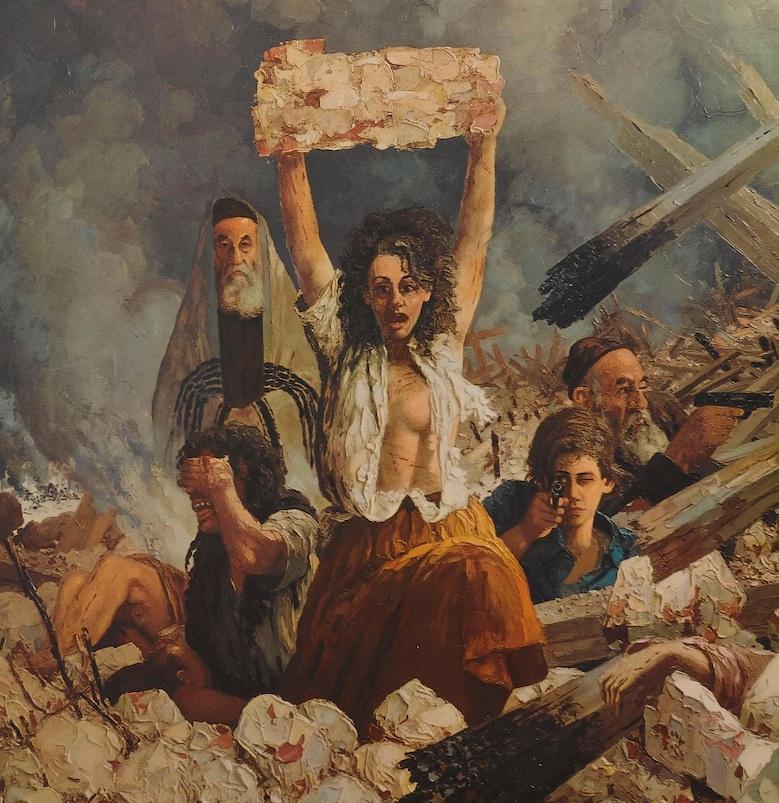 This impassioned poster commemorates the Ghetto Uprising in 1943. The poster features five figures amidst rubble and smoke representing the Jewish people of Warsaw. The central figure is a woman holding up a large piece of rubble in defiance. Behind