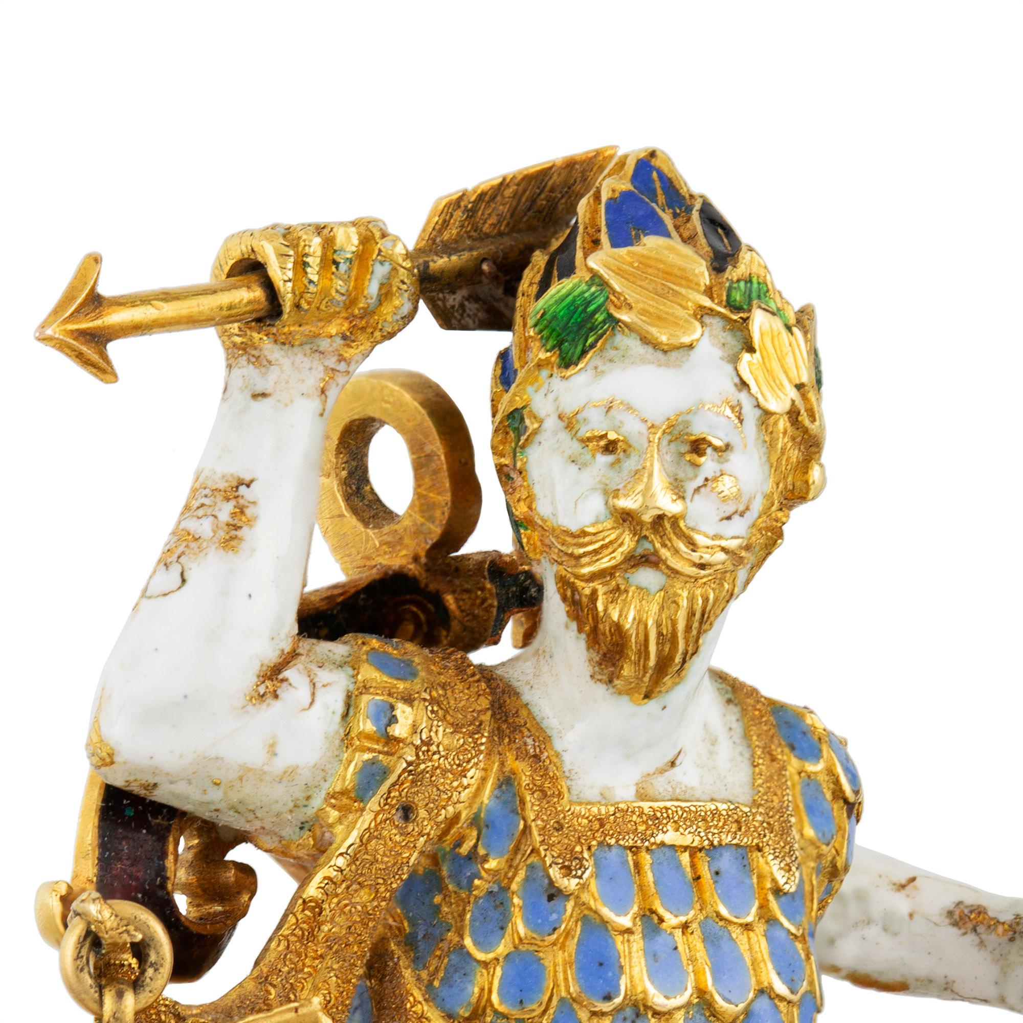 The Gigantas Pendant, an important late 16th century Renaissance baroque pearl, gold and enamelled pendant, with later alterations, depicting one of the Greek gigantes, wearing the ivy wreath of Dionysus and holding the arrow of Apollo in his hand,