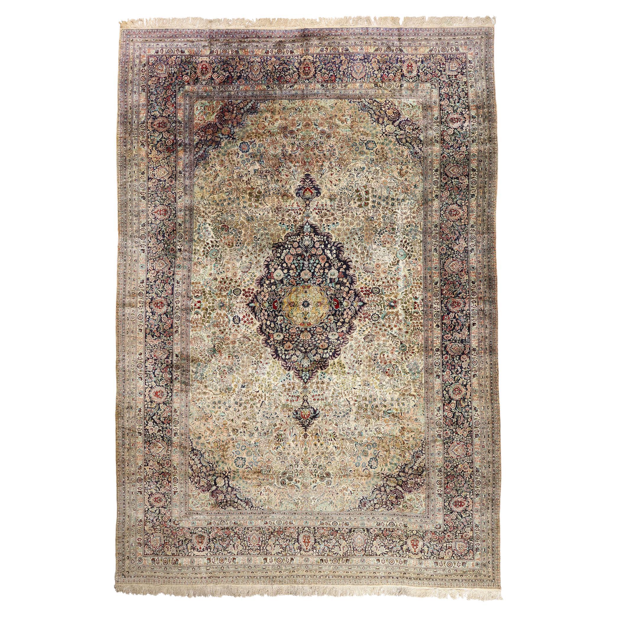 The Gilded Reverie: A Vintage Silk Qum Masterpiece of Regal Elegance