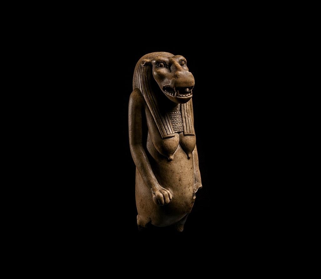 This statuette represents the goddess Taweret, an apotropaic goddess, whose domain was the protection of pregnant women and their babies, especially during childbirth. Her threatening image, intended to frighten away demons and other deadly